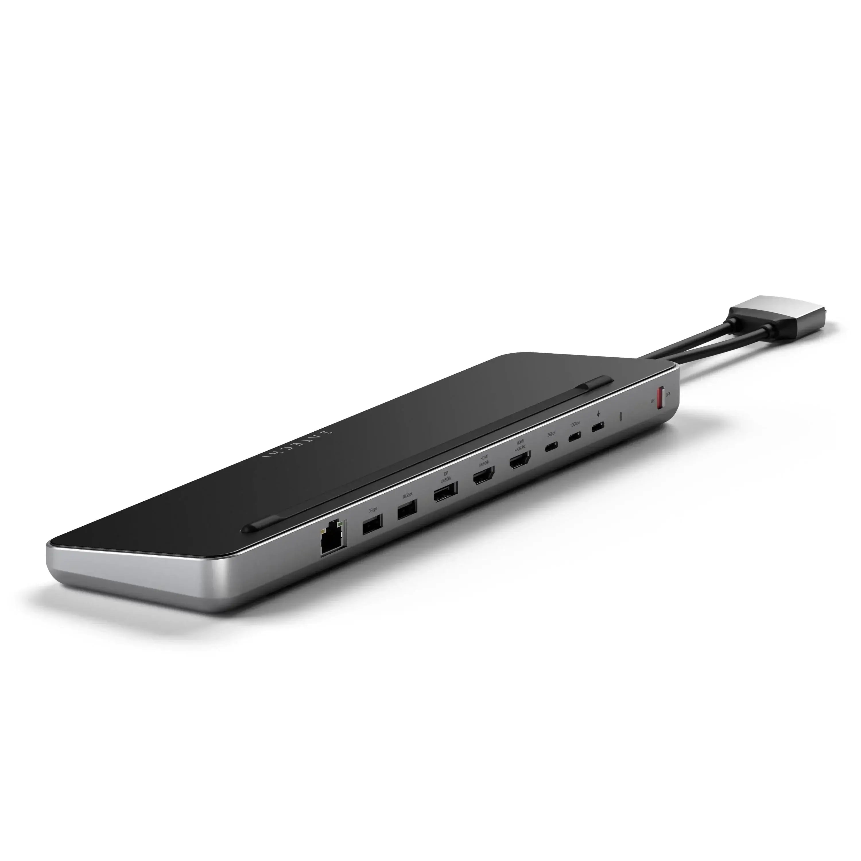 Satechi Dual Dock Stand with NVMe SSD Enclosure and multiple ports for MacBook and Windows laptops.