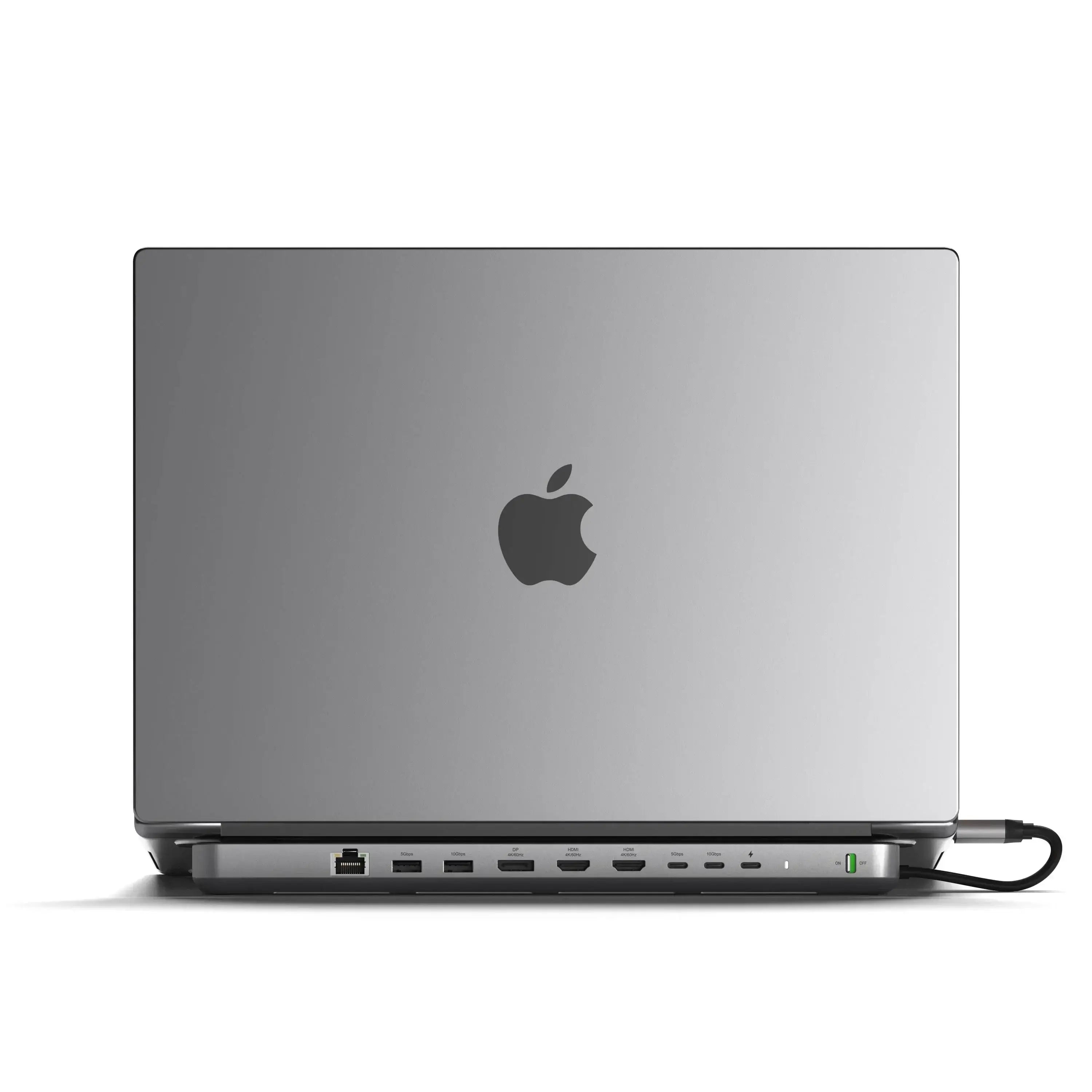 Close-up of an Apple MacBook showcasing ports and connectivity for the Satechi Dual Dock Stand.