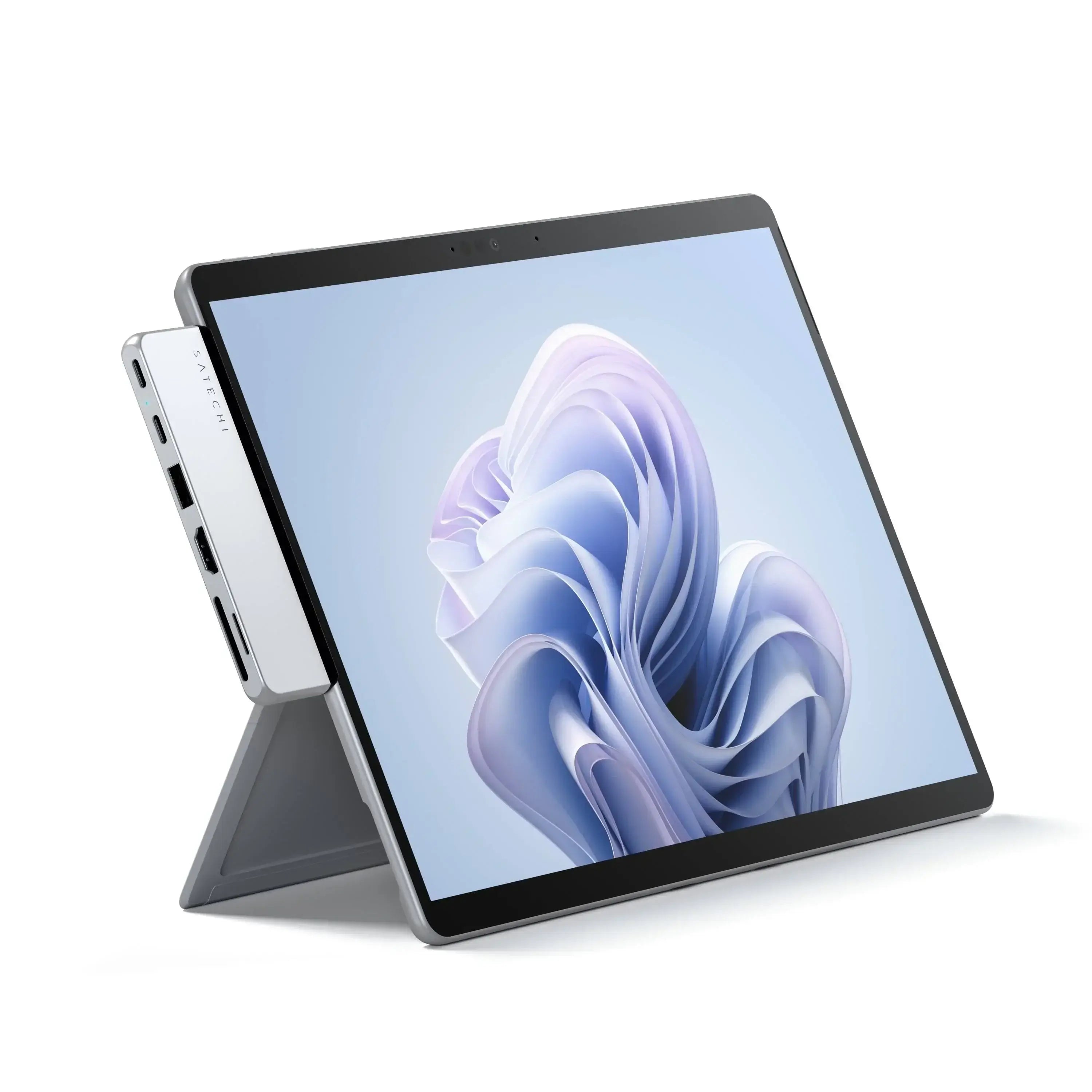 Satechi Dual USB-C Hub attached to Surface Pro 9 showcasing enhanced connectivity in a sleek design.