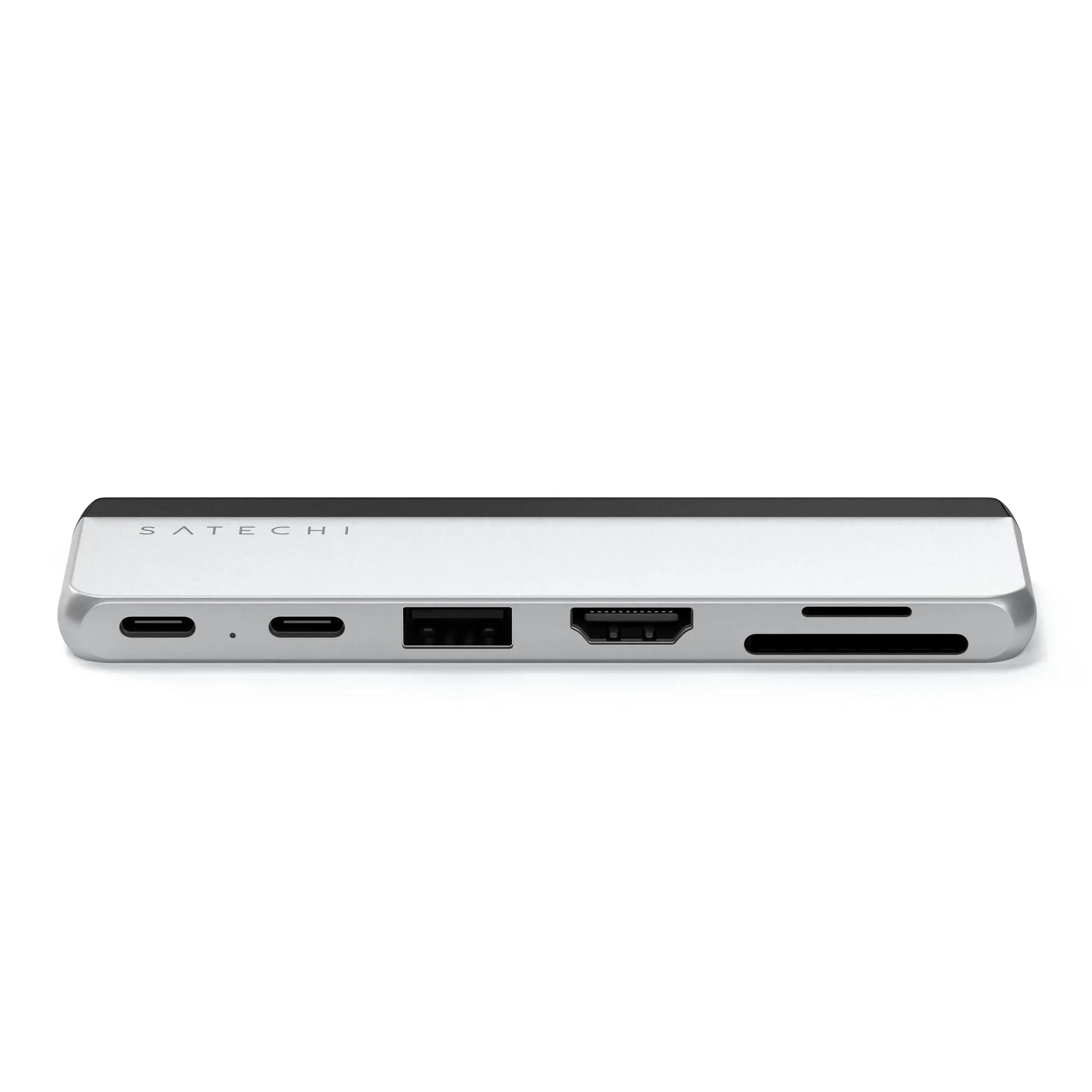 Satechi Dual USB-C Hub for Surface Pro 9 showcasing a sleek silver design with multiple connectivity ports.