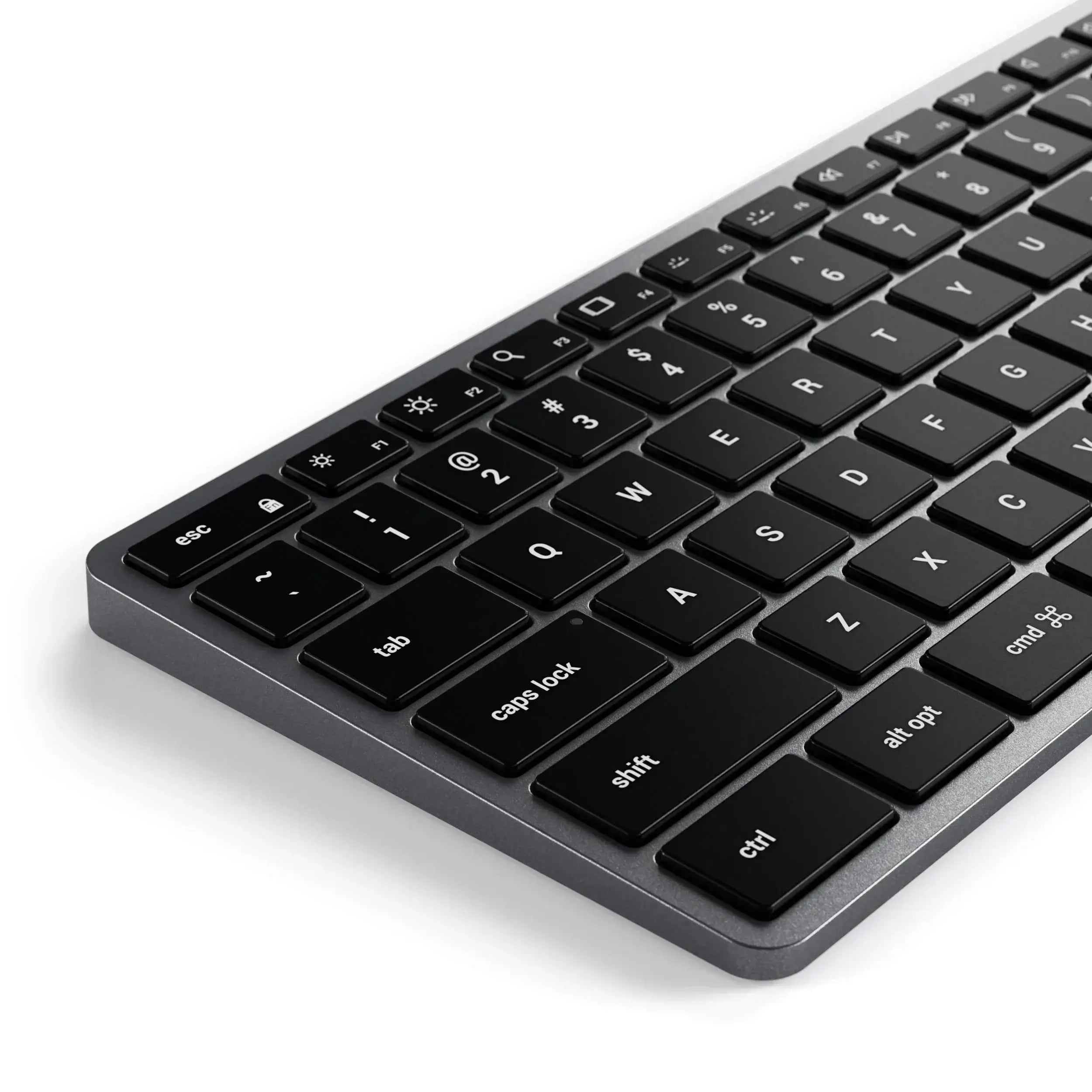 Satechi Slim Backlit Keyboard for Mac, showing sleek design and compact layout with black keys.