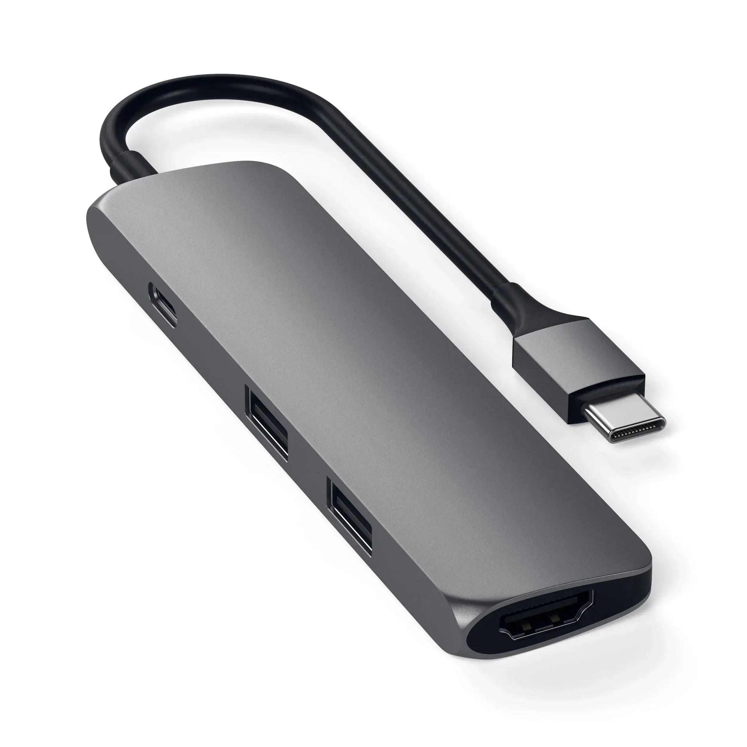 Satechi Type-C Slim Multi-Port Adapter with HDMI and USB ports in sleek aluminum design.
