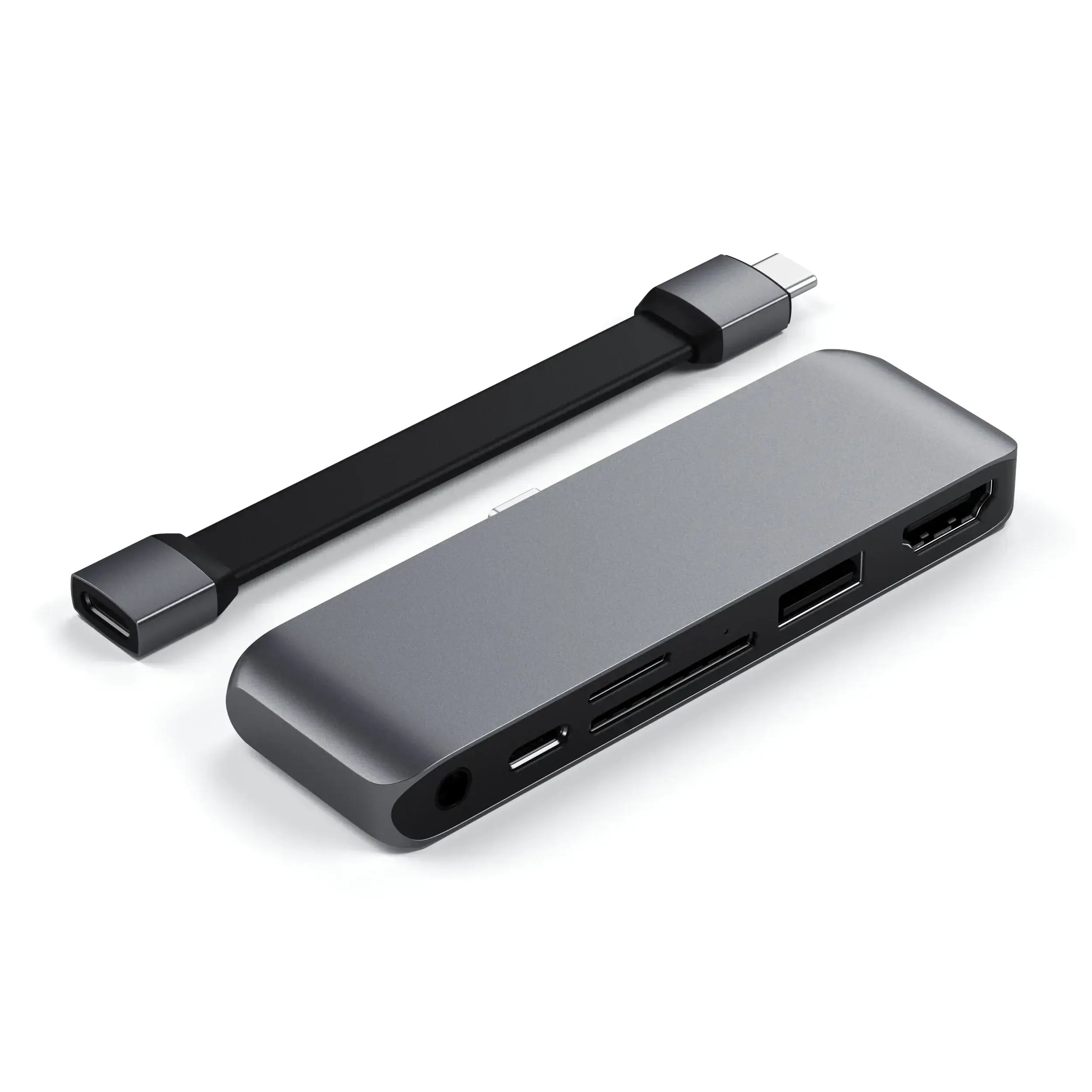 Satechi USB-C Mobile Pro Hub SD with USB-C PD, HDMI, USB 3.0, and card readers, designed for iPad compatibility.