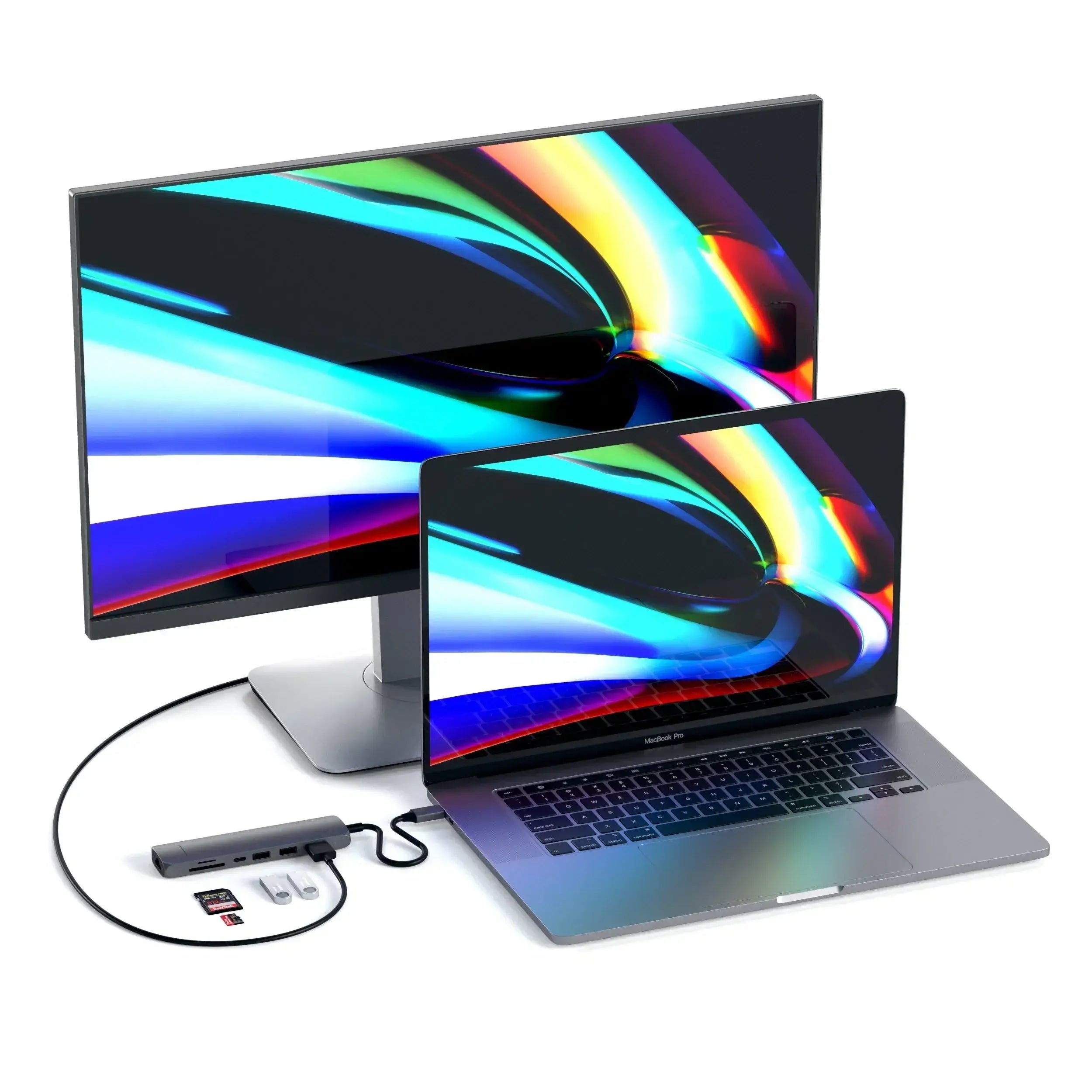 Satechi USB-C Slim Multi-Port with Ethernet Adapter connecting a laptop to a monitor, showcasing vibrant 4K display.