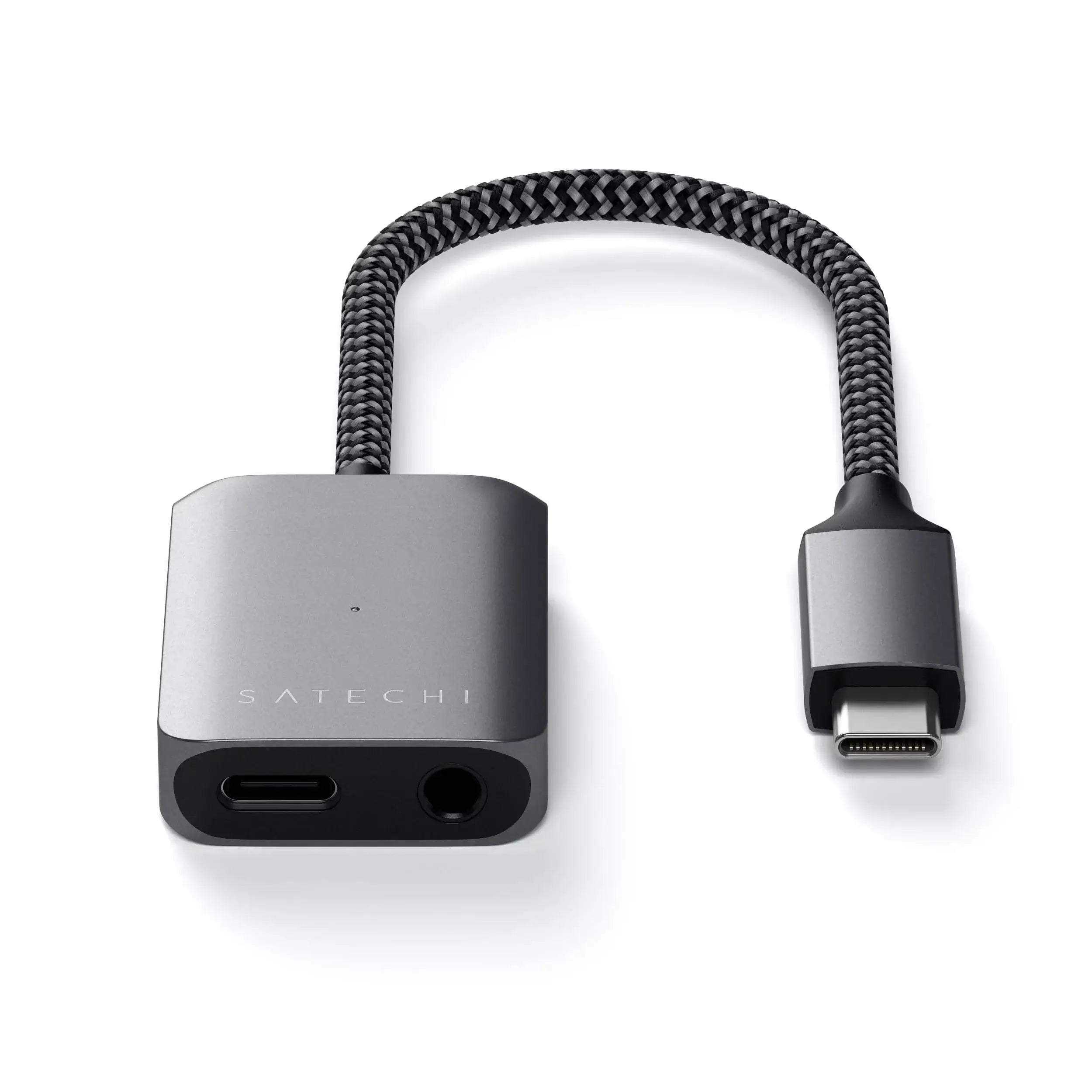 Satechi USB-C to 3.5mm audio and PD adapter in sleek aluminum with braided cable.