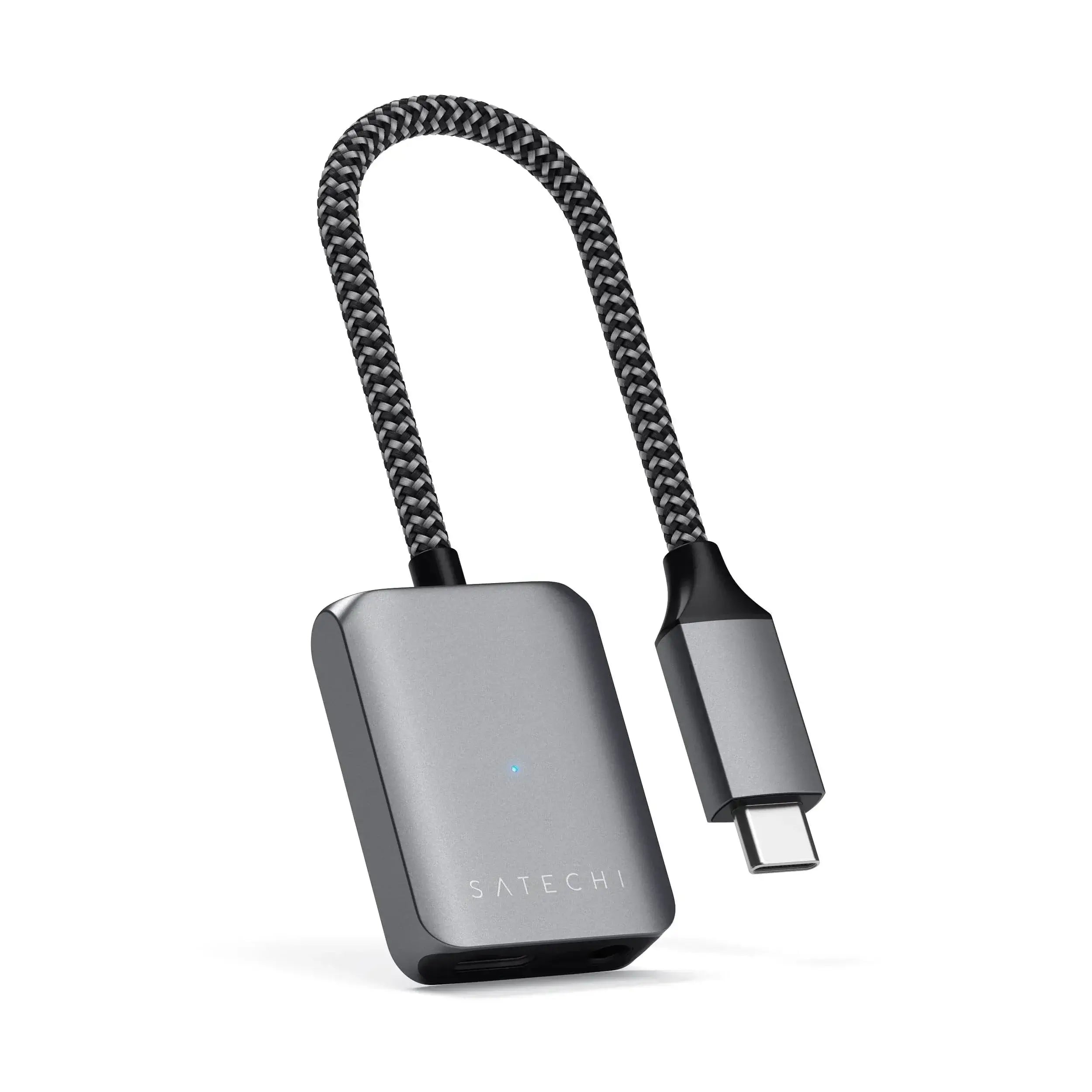 Satechi USB-C to 3.5mm Audio & PD Adapter in sleek aluminum with braided cable for upgraded audio quality and fast charging.