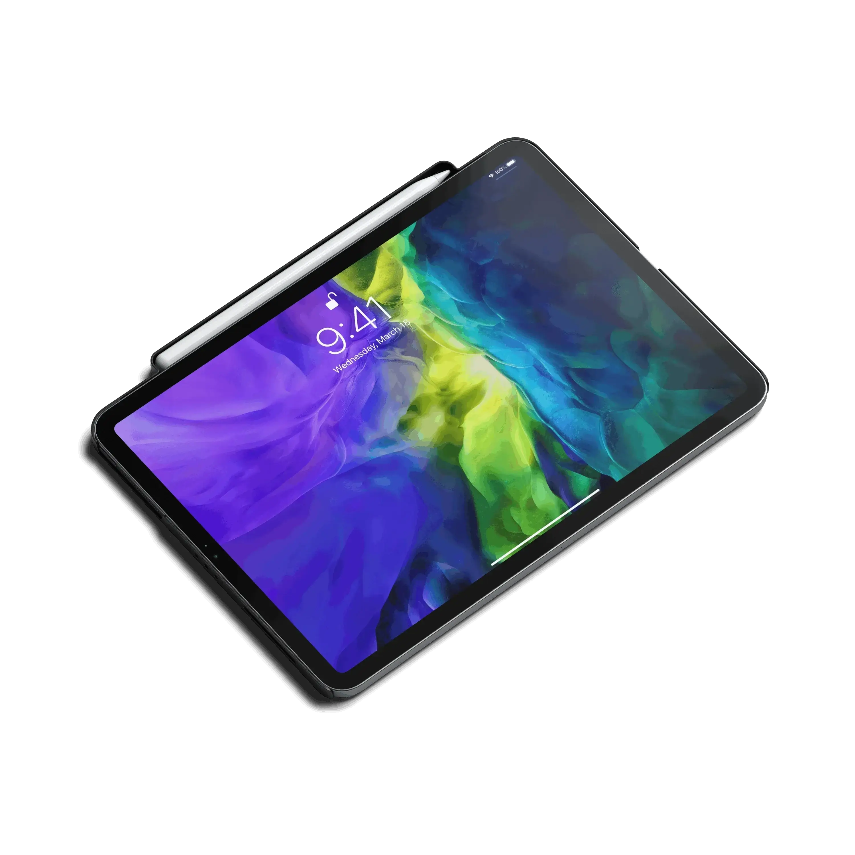 Satechi Vegan-Leather Magnetic Case for iPad Pro with Apple Pencil holder on a colorful display
