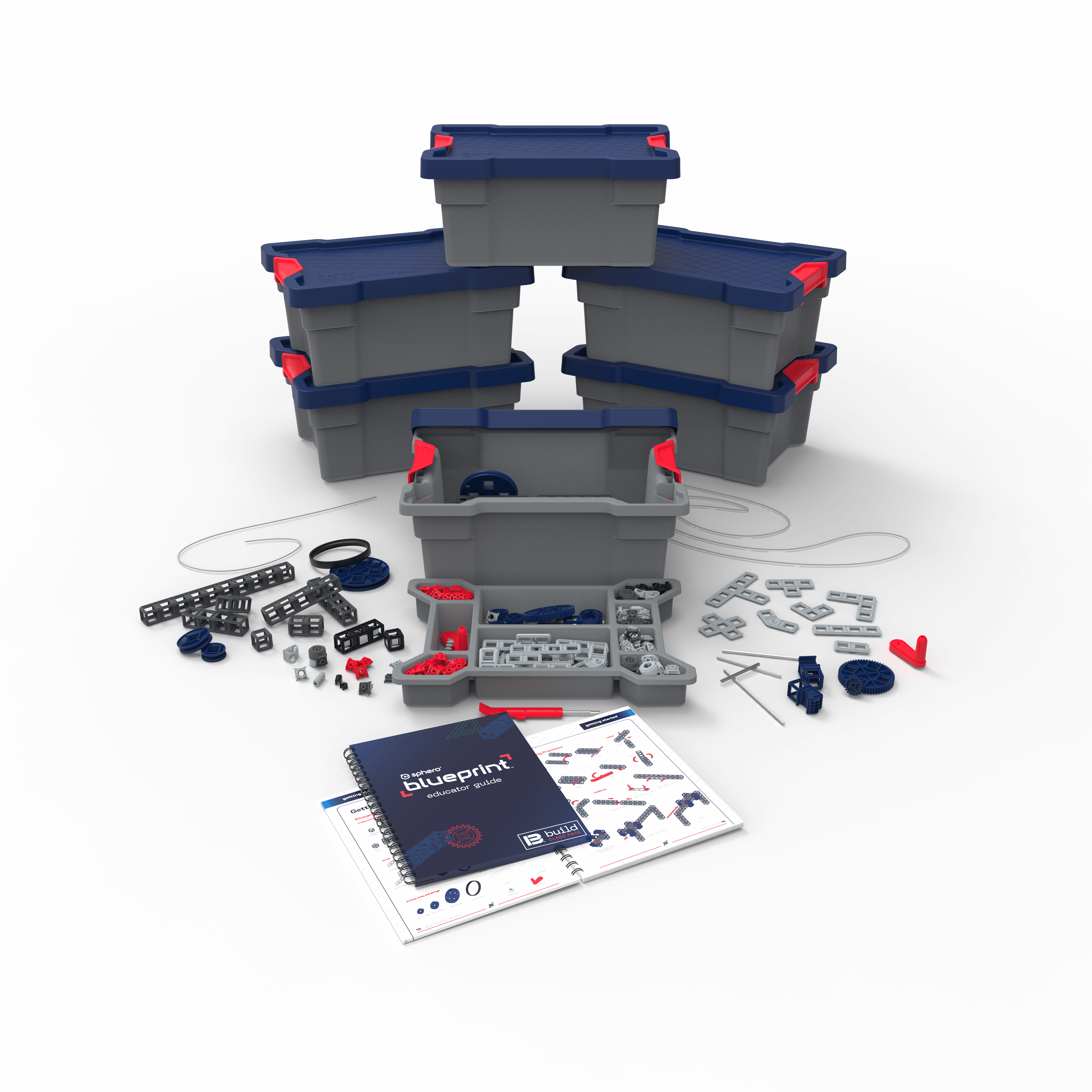 Sphero Blueprint Build Class Pack with storage bins, mechanical parts, and instructional guide for engineering education.