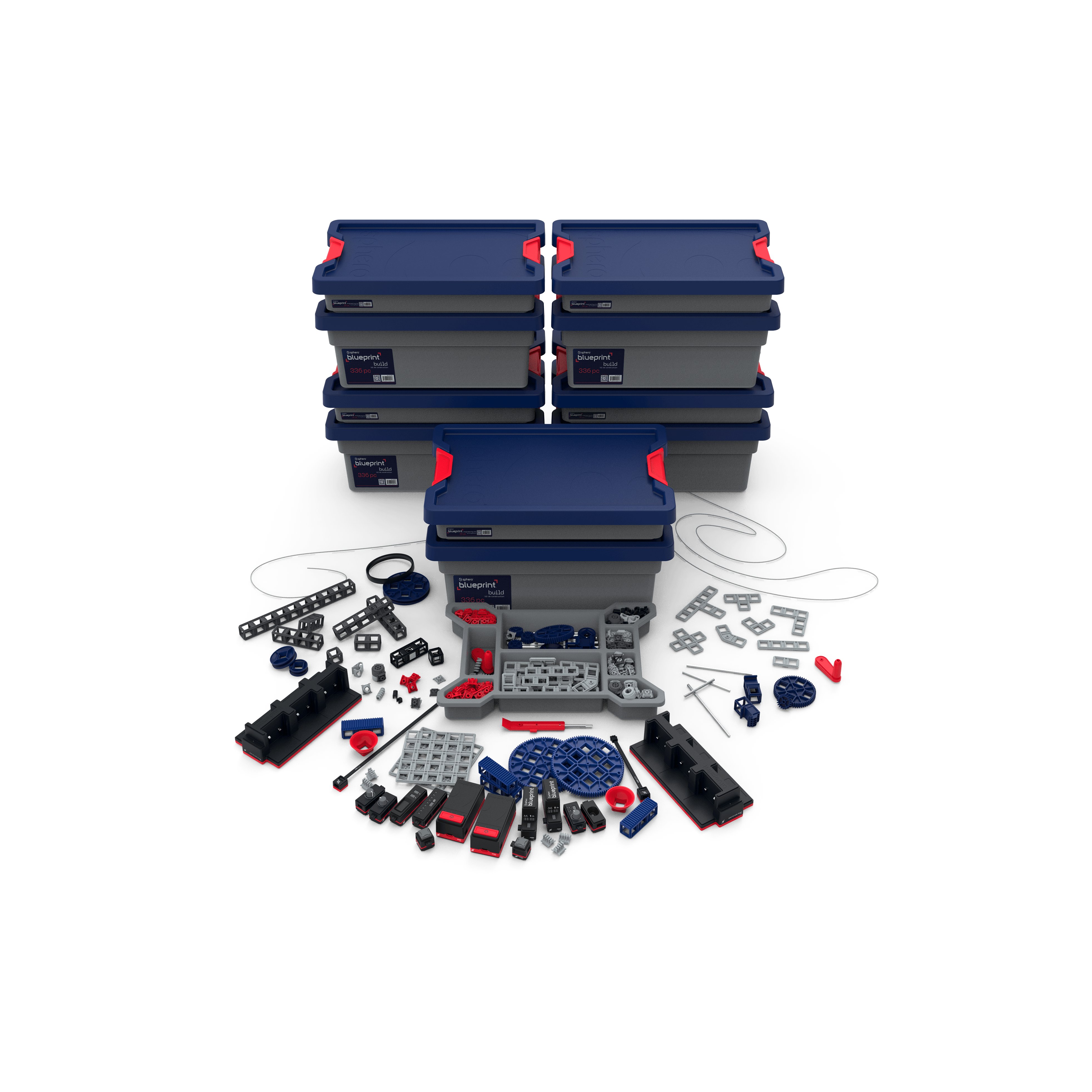 Sphero Blueprint Engineering Class Pack featuring 5 kits and various engineering tools and components arranged around storage boxes.