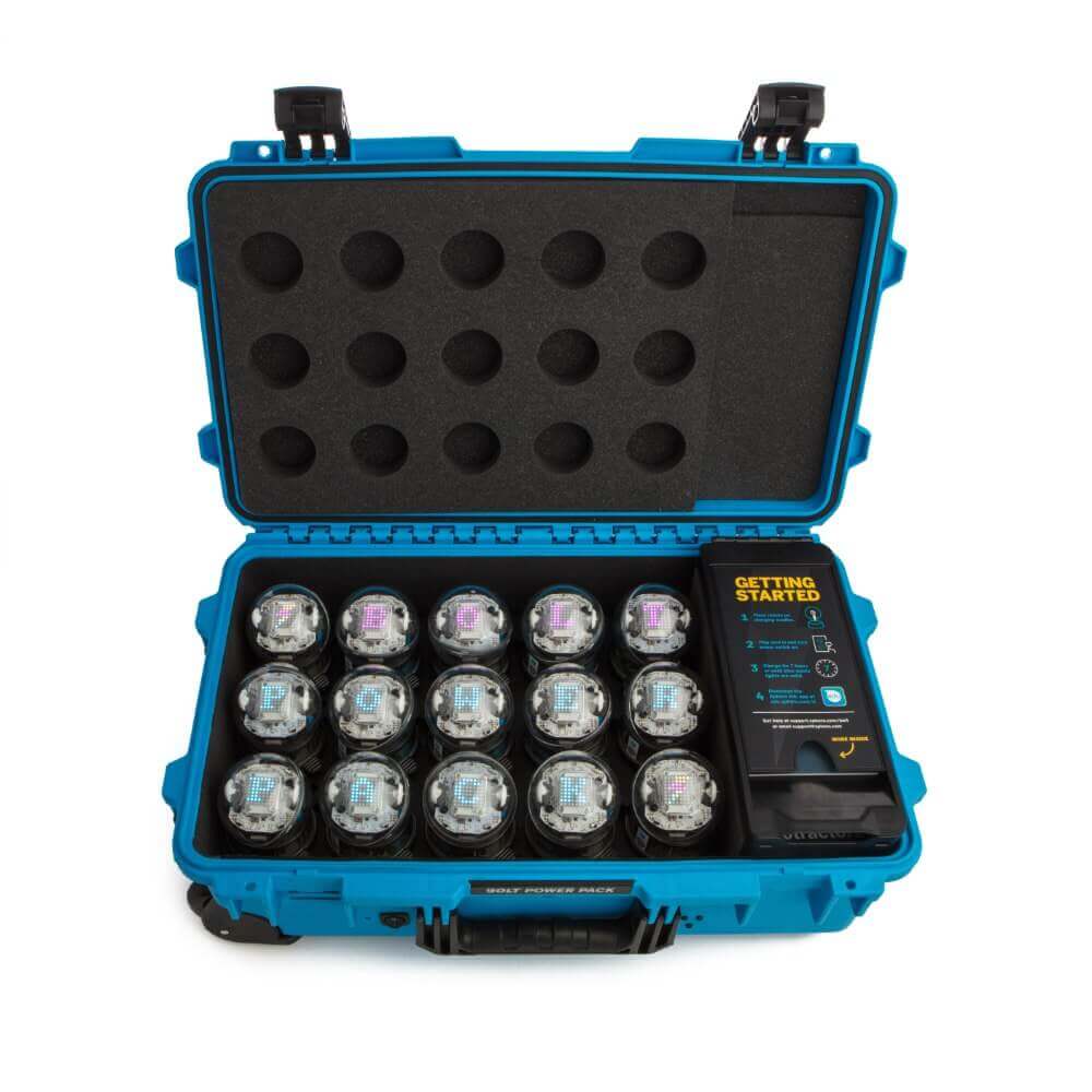 Sphero BOLT Power Pack open case with 15 robots, charging station, and instructional guide for educators.