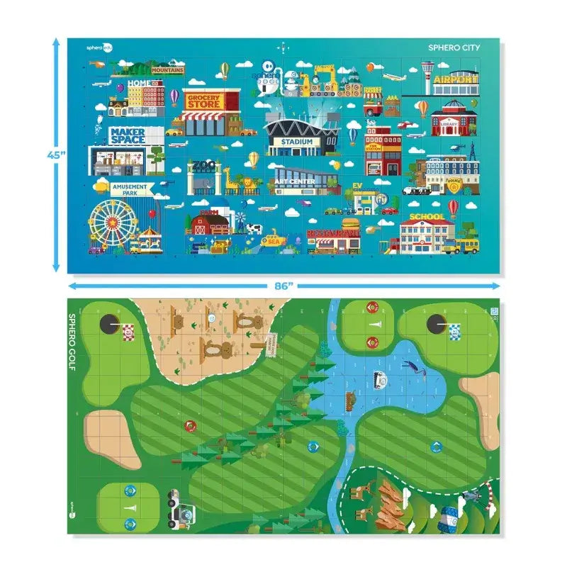 Two-sided Sphero Code Mat featuring City and Golf landscapes for interactive coding lessons and problem solving.
