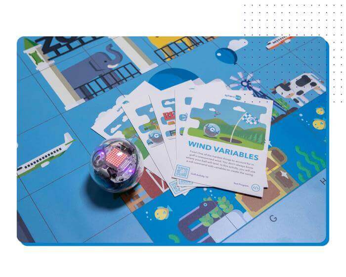 Sphero Code Mat with coding cards showcasing fun activities and a Sphero robot for learning coding and math.