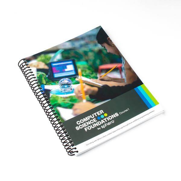 Spiral-bound teacher guide for Sphero Computer Science Foundations Course 1 with lessons on programming and robotics.