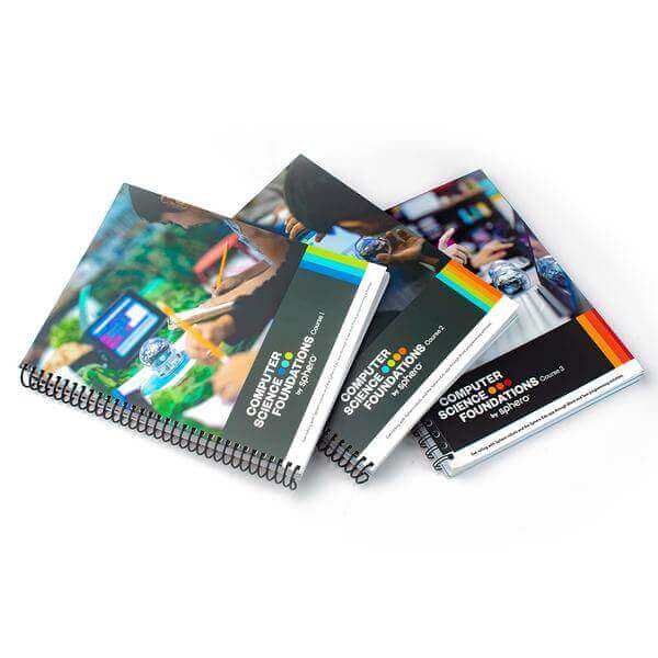 Three Sphero Computer Science Foundations course books displaying coding and robotics content.