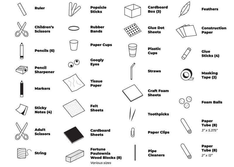 Various crafting materials for Sphero Craft Pack, including scissors, foam sheets, and glue sticks.