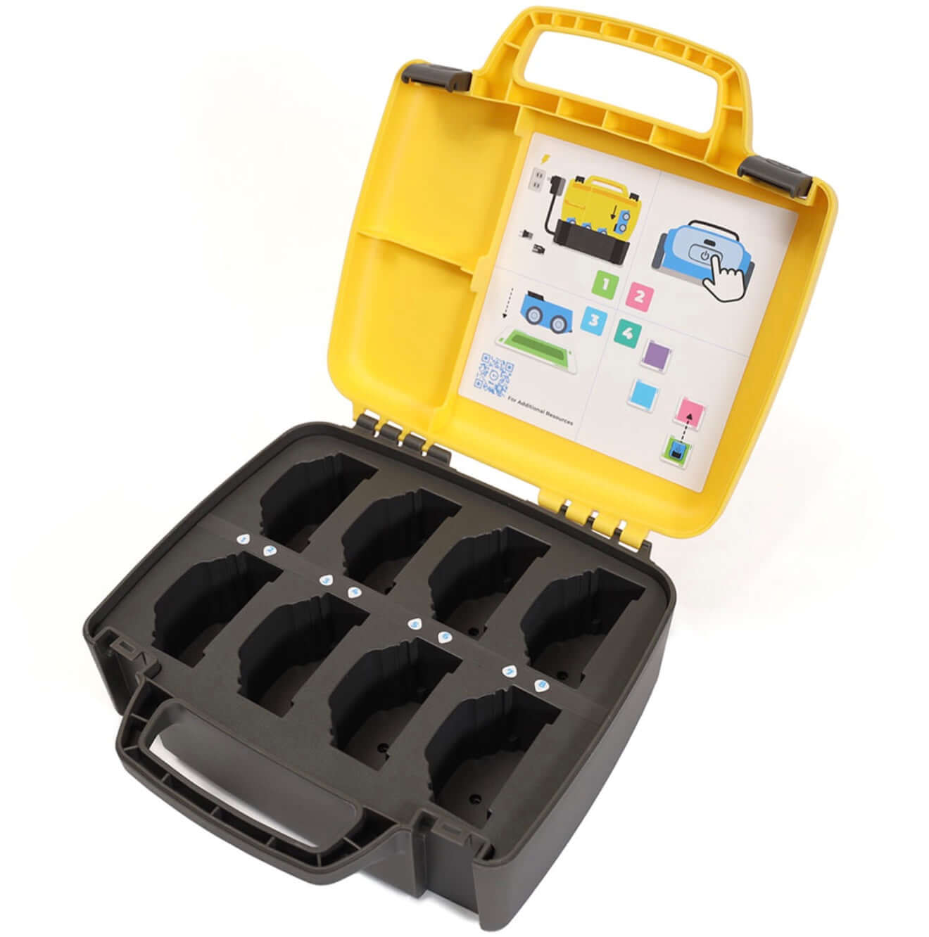 Sphero indi charging case with space for eight robots and instruction guide for easy classroom organization.