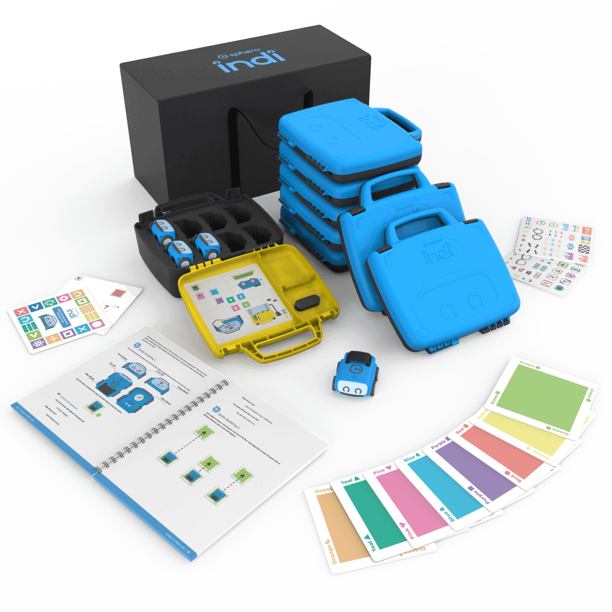 Sphero indi Classroom Pack including 8 robots, cases, coding materials, and instructional guides for STEAM learning.