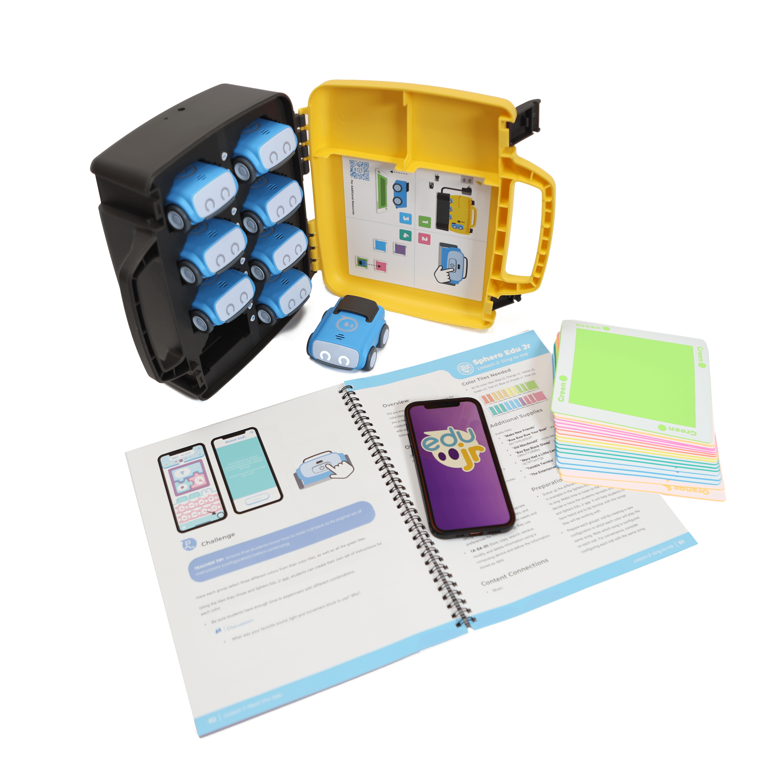 Sphero indi Classroom Pack & Multipack Sphero INDI Colour Tiles with robots, guidebook, and colour tiles.