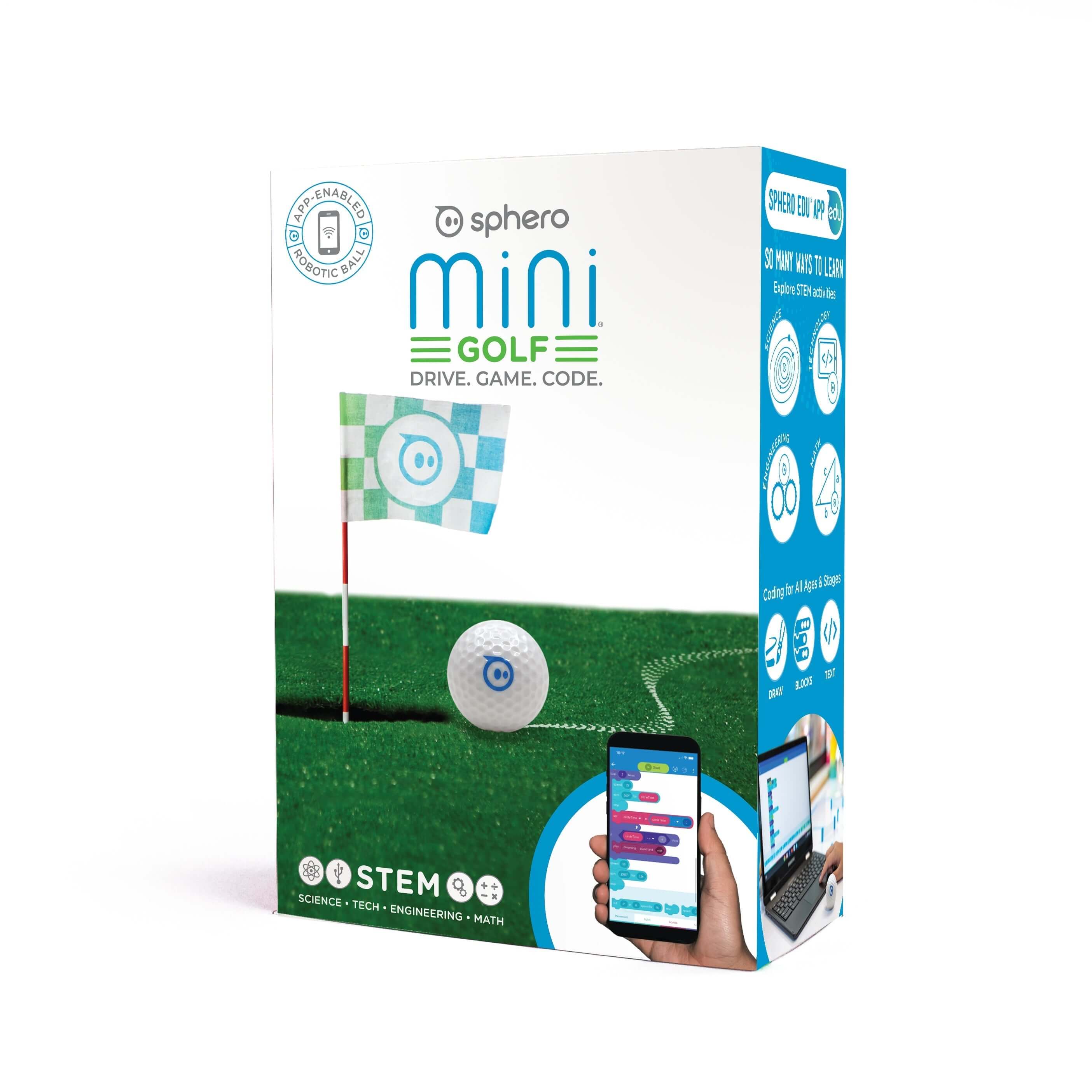 Sphero Mini Robot Golf packaging showcasing app-enabled coding and STEM learning with a mini golf flag.
