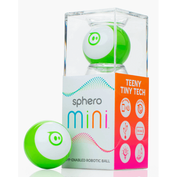 Sphero Mini Robot in green packaging, showcasing its app-enabled features and compact design for fun and coding.