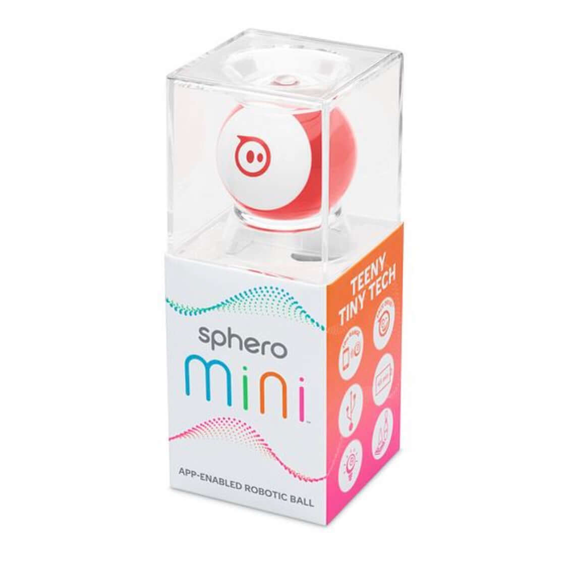 Sphero Mini Robot in packaging, showcasing a red app-enabled robotic ball with teeny tiny tech features.
