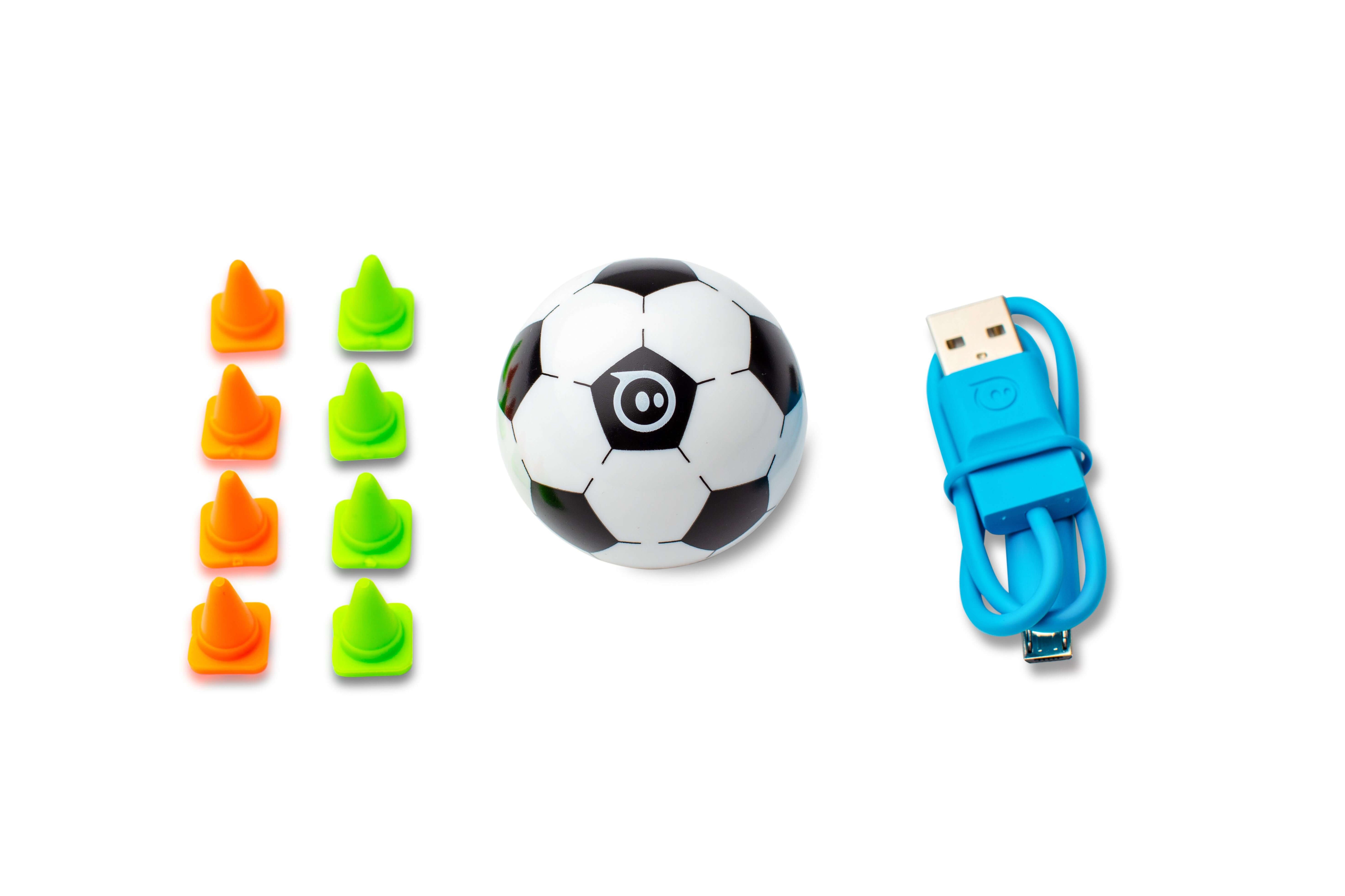 Sphero Mini Robot soccer ball, colorful cones, and USB charger for app-enabled gameplay and coding.