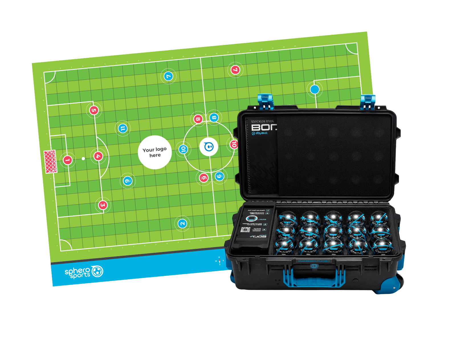 Sphero BOLT+ Power Pack alongside football coding mat, promoting STEM learning through sports activities.