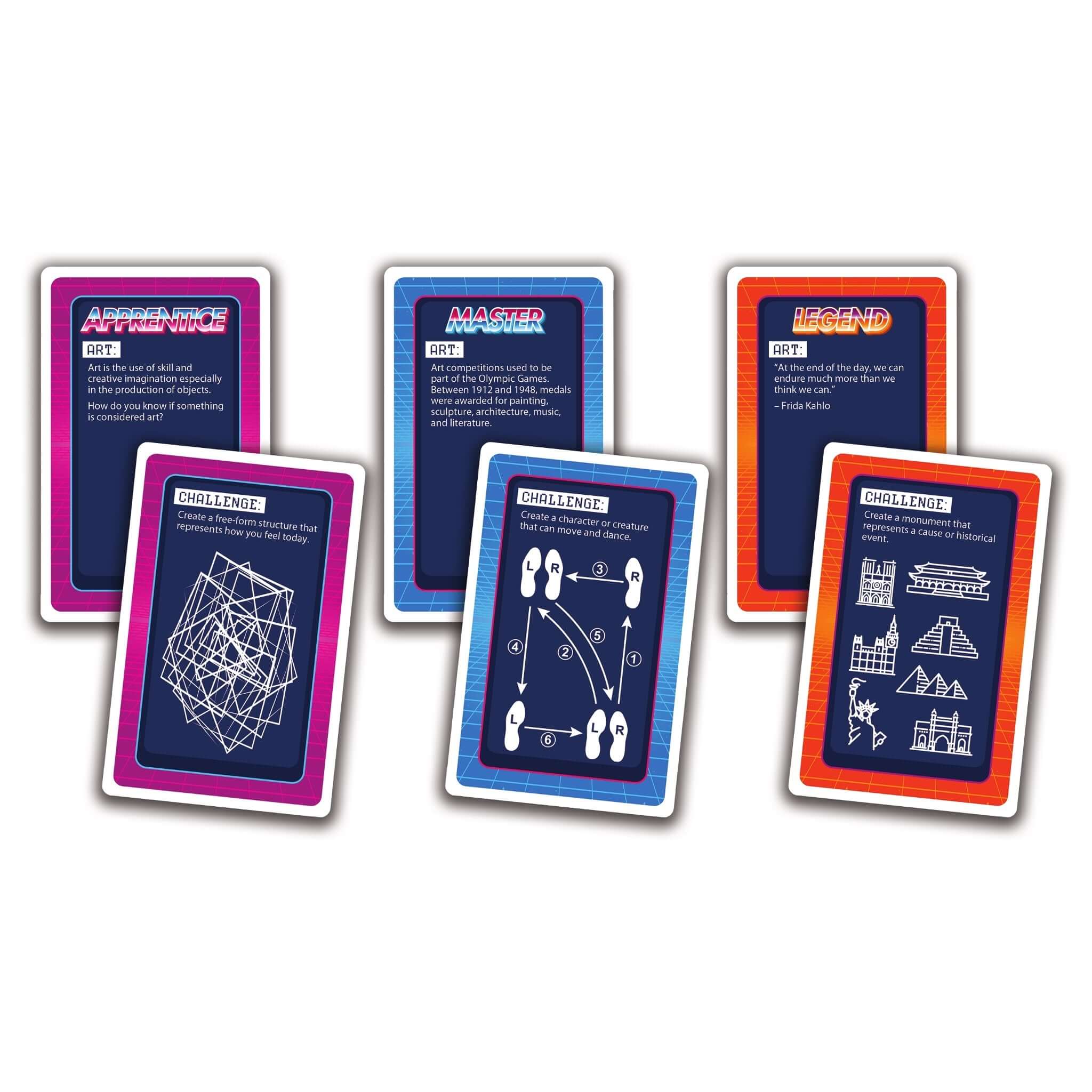 Collection of challenge cards for the STEAM Builder Bin kit featuring design and engineering tasks.