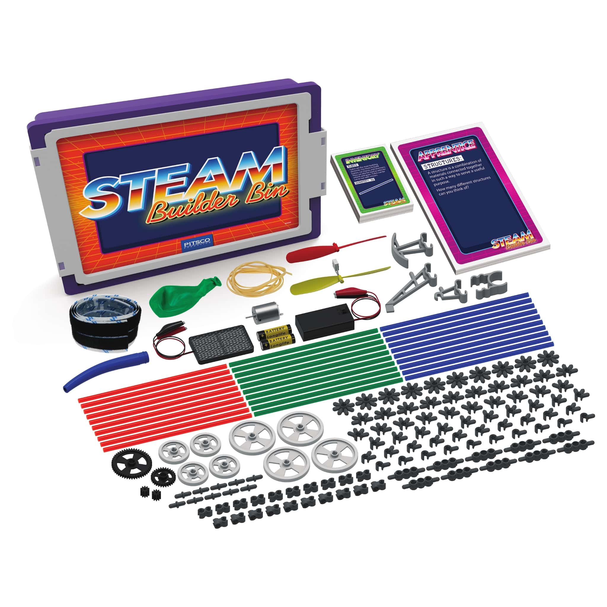 STEAM Builder Bin kit with various components for creative engineering and construction activities.