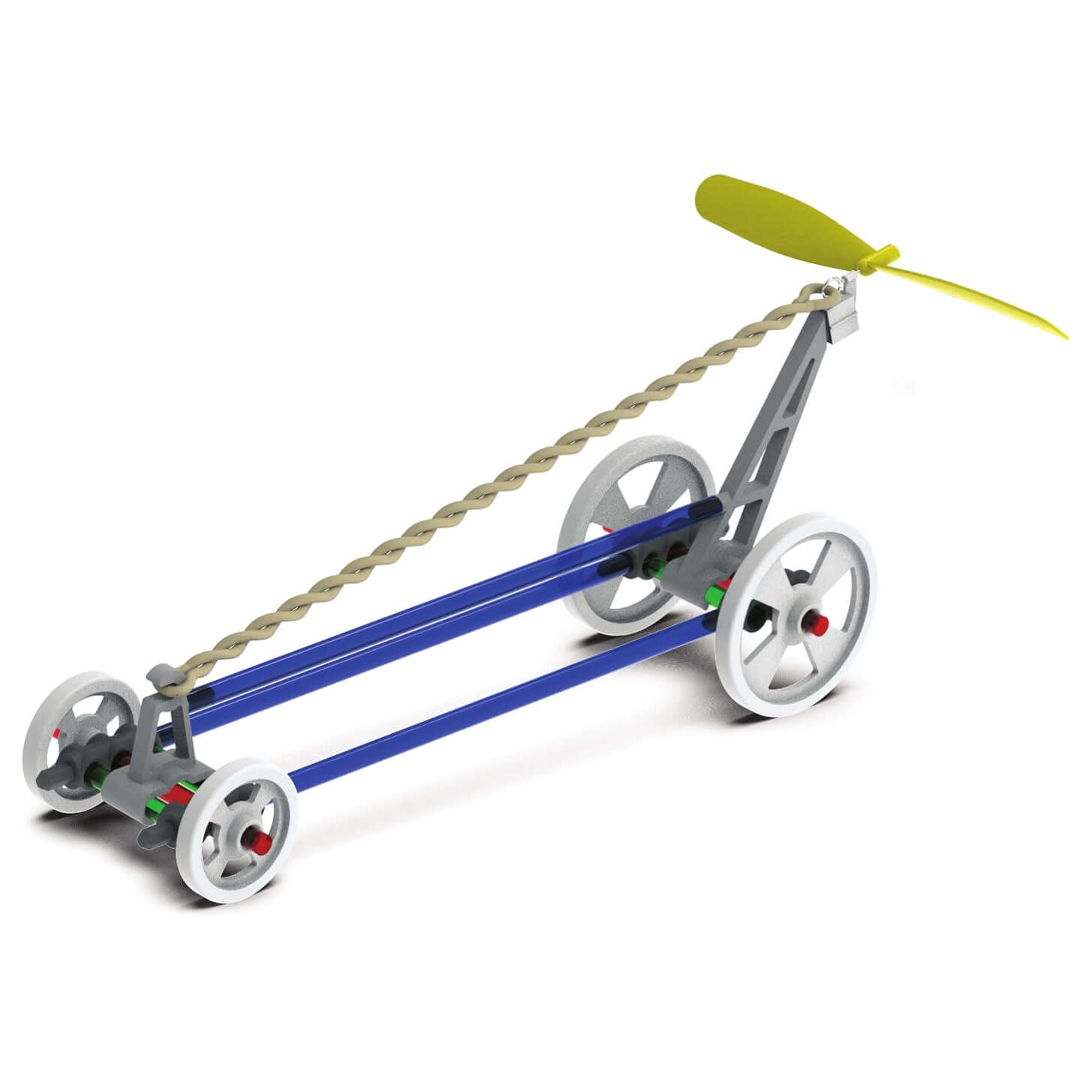 Colorful STEAM Builder Bin vehicle model with wheels and a propeller, showcasing engineering and design creativity.