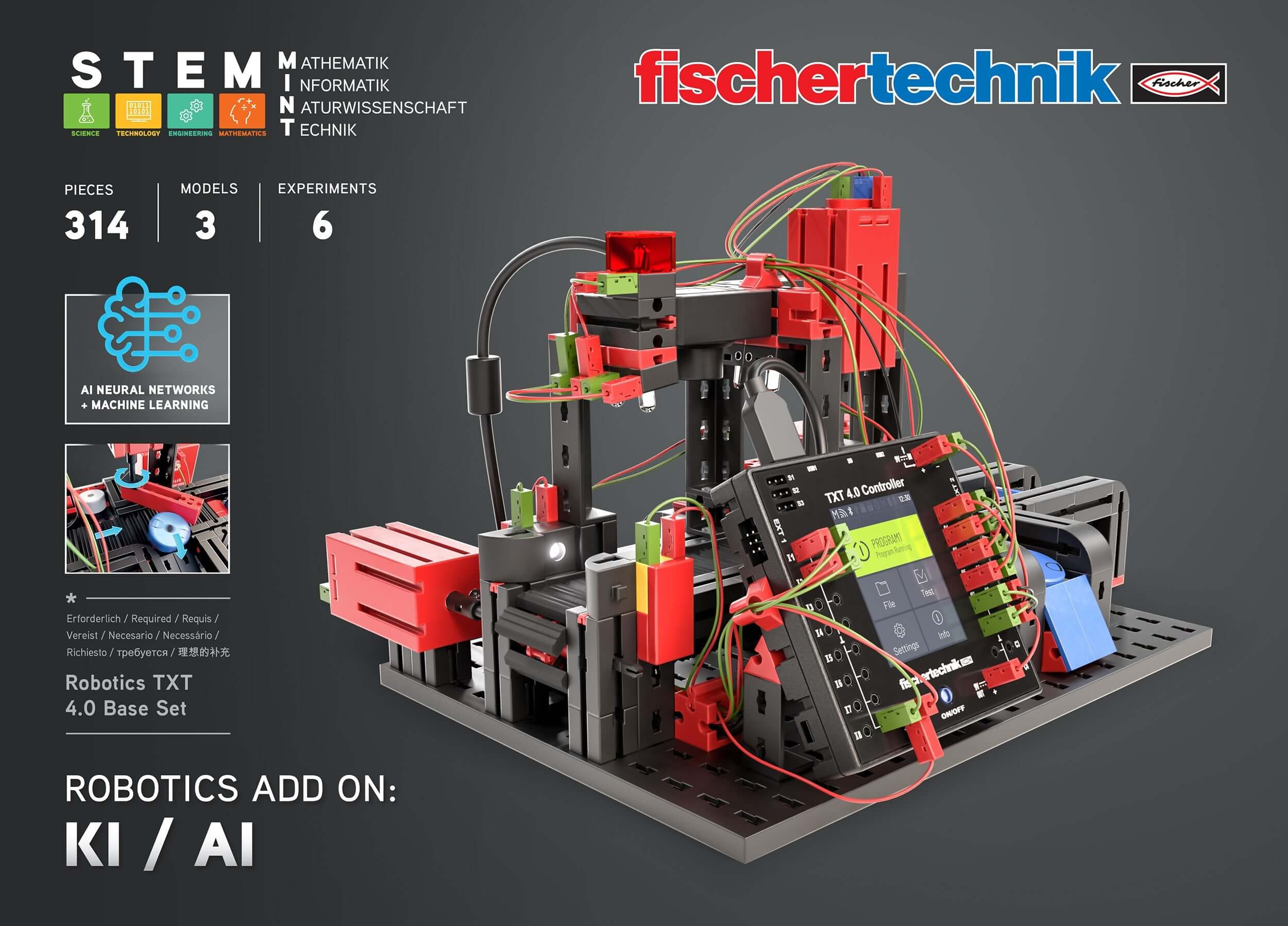 STEM Coding Add On KIT AI with robotics model, featuring 314 pieces, neural networks, and machine learning experiments.