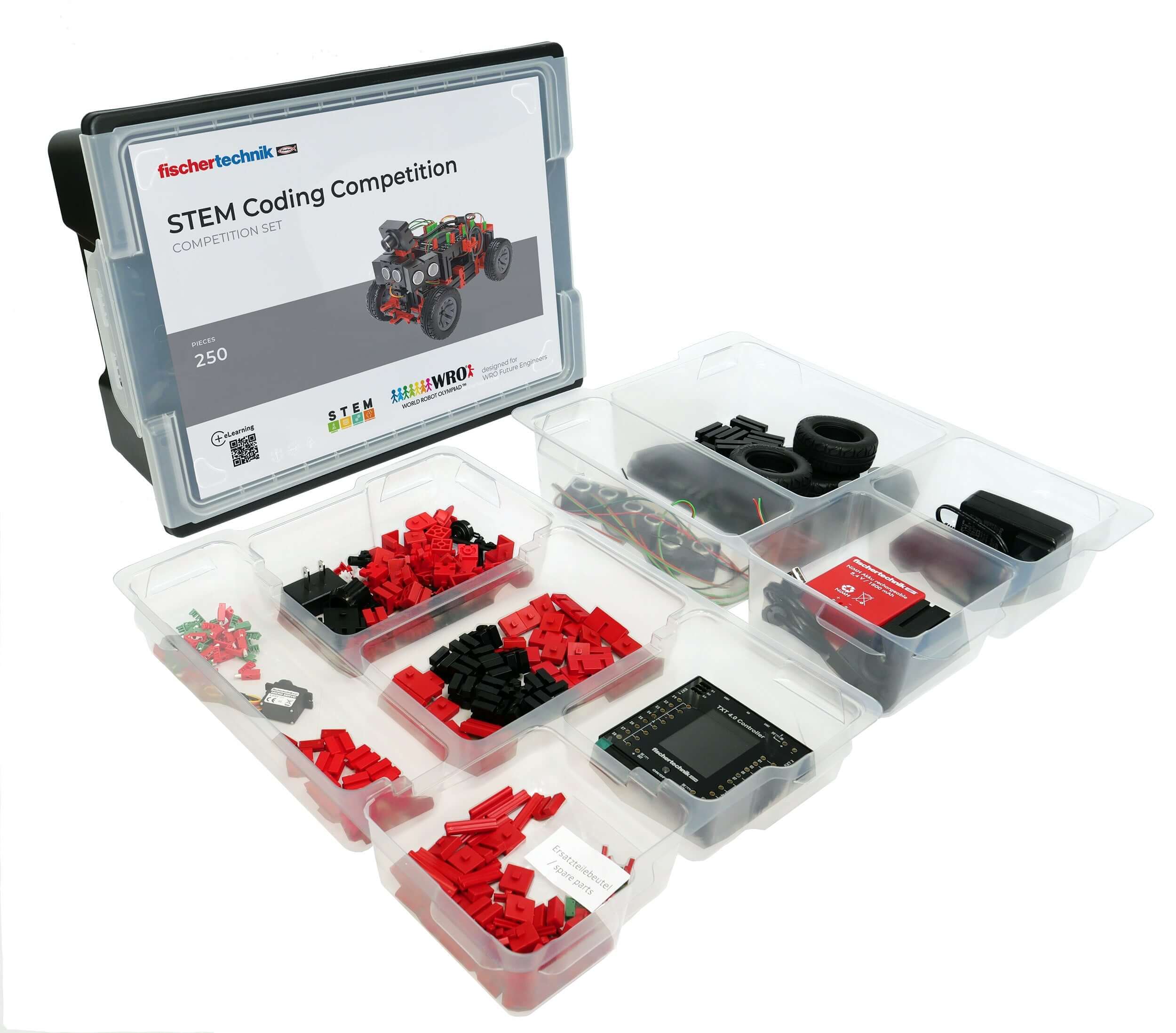 STEM coding competition kit with components for future engineers, including robot parts and coding elements.