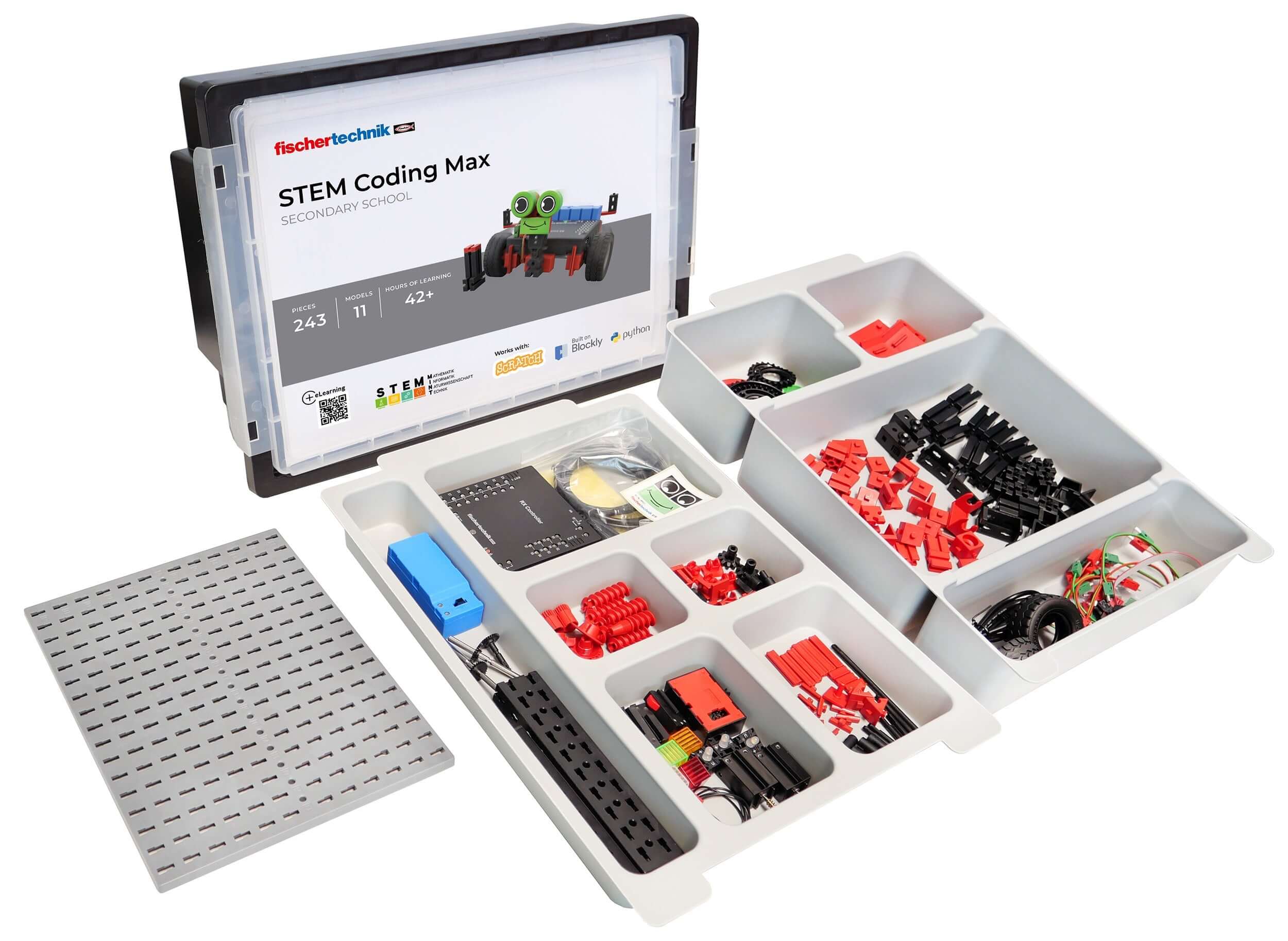 STEM Coding Max kit showing components for programming education and engineering tasks in secondary school.
