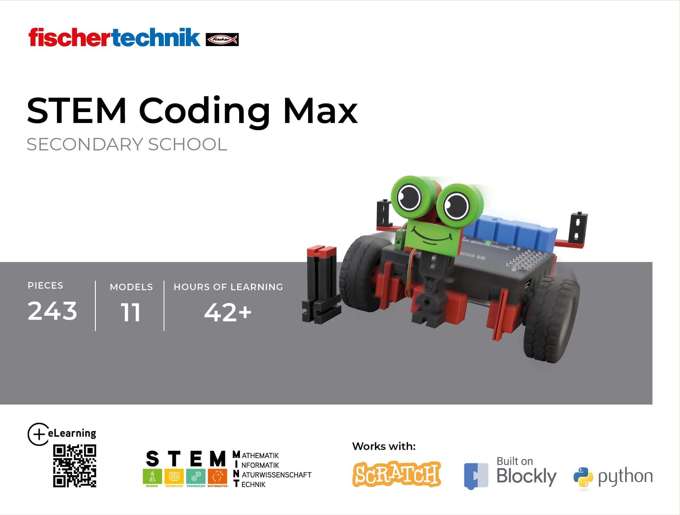 STEM Coding Max educational kit for secondary school with 243 pieces, supporting learning in coding with Scratch and Python.