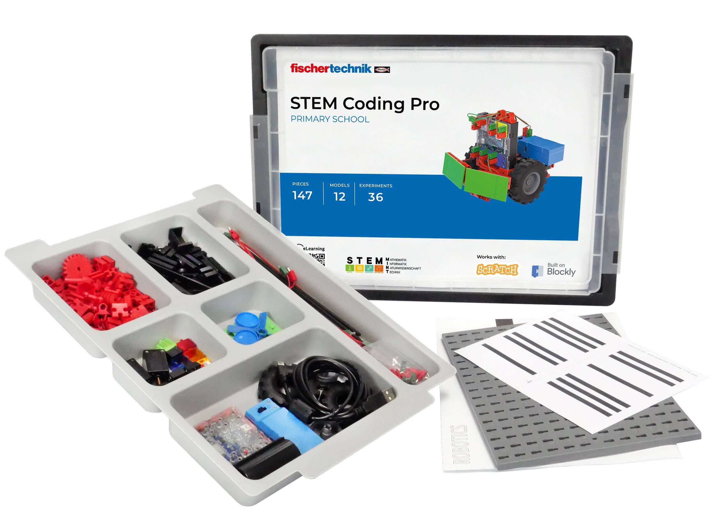 STEM Coding Pro robotics kit with Li Ion battery, featuring components for hands-on coding and robotics fun.
