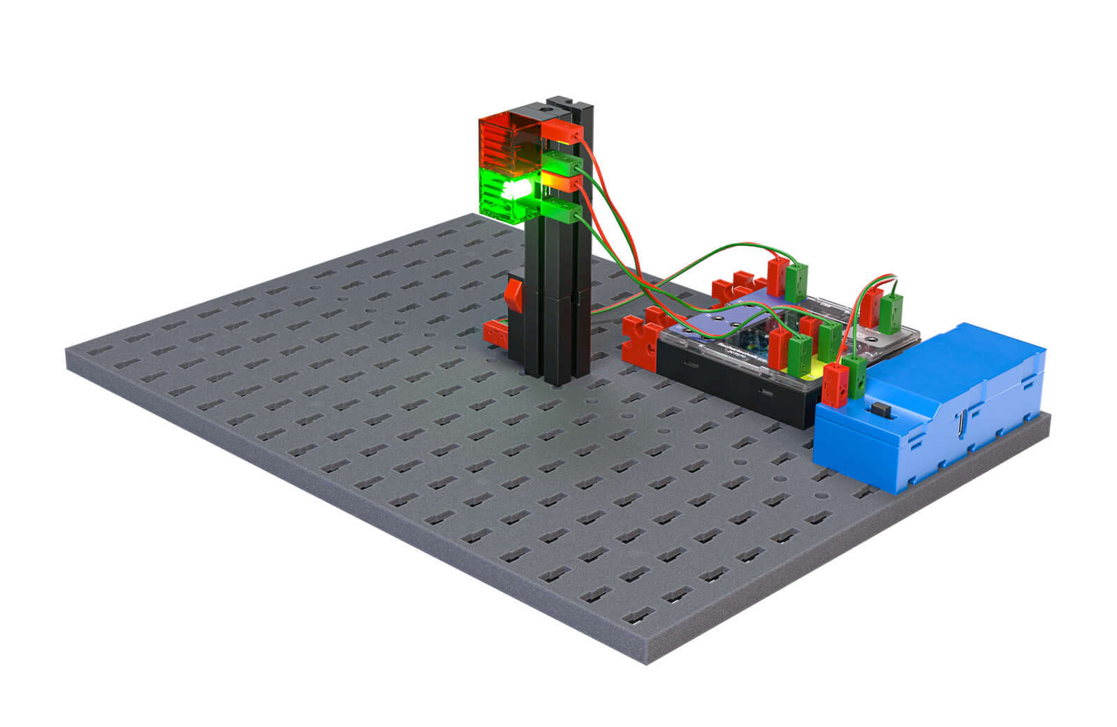 STEM Coding Pro robotics kit with Li Ion battery showcasing colorful components and LED lights on a gray base.