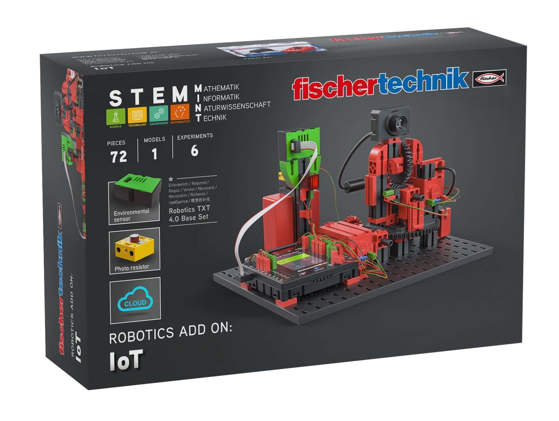 fischertechnik STEM IoT add-on set for Robotics TXT 4.0, featuring 72 pieces for interactive learning.