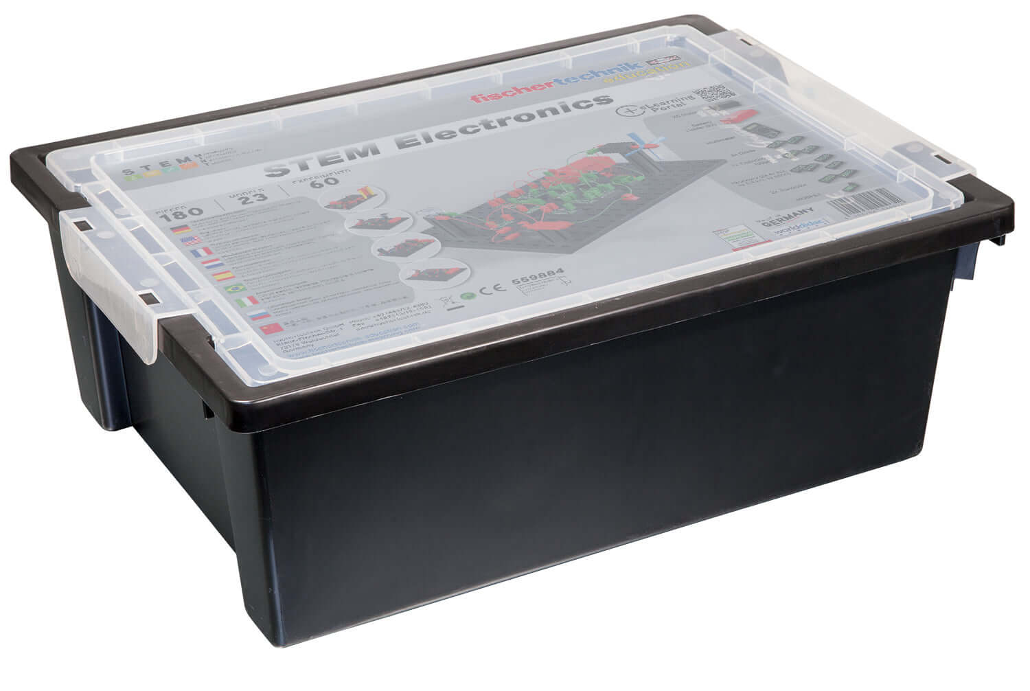 STEM Electronics kit in a clear container, designed to simplify understanding of electronics basics.