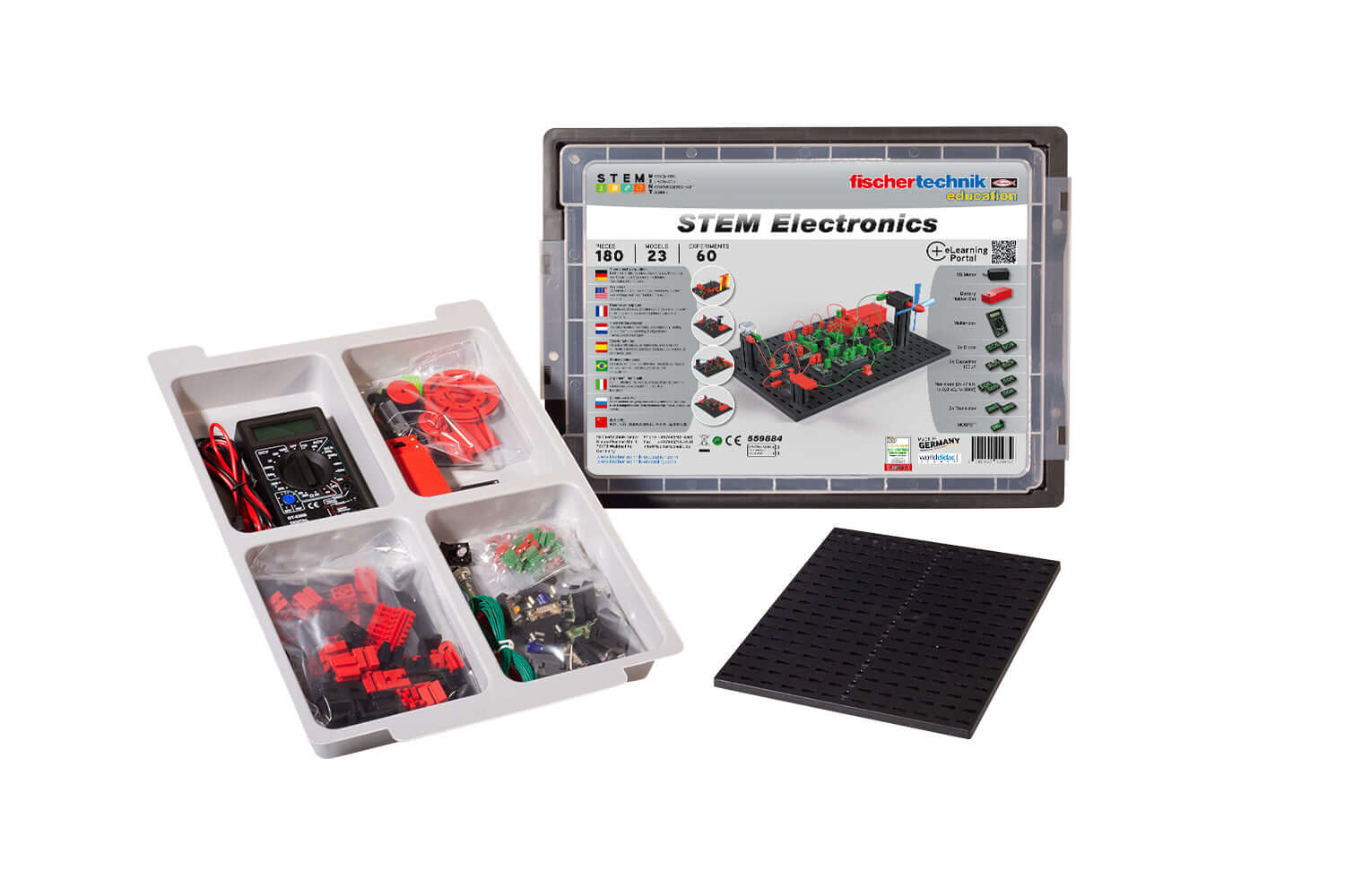 STEM Electronics kit featuring components and instruction manual for sustainable electronics learning.