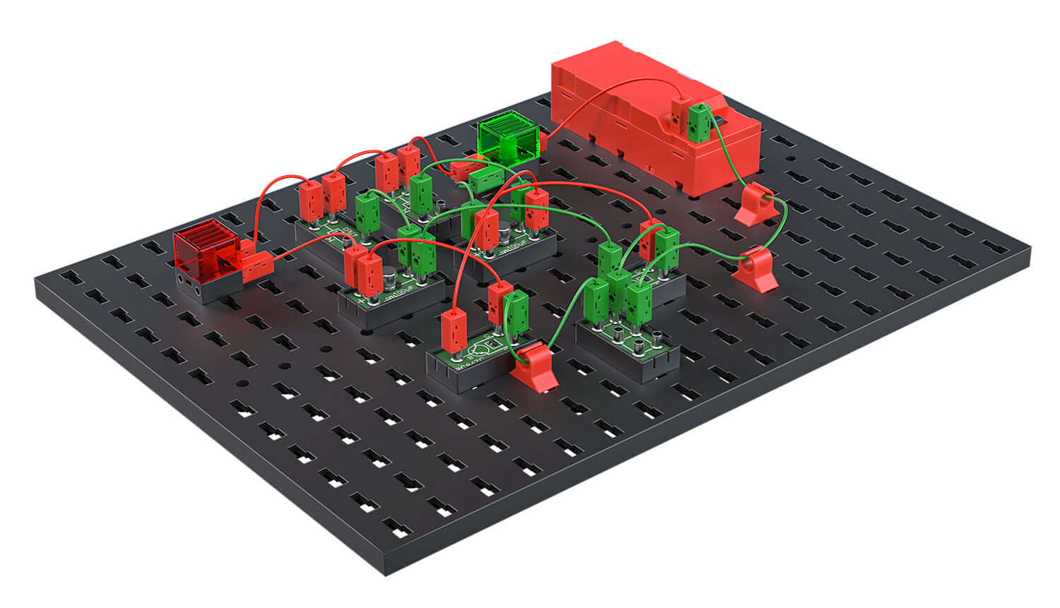Diagram of STEM electronics components on a black platform, demonstrating basic electronic circuitry concepts.