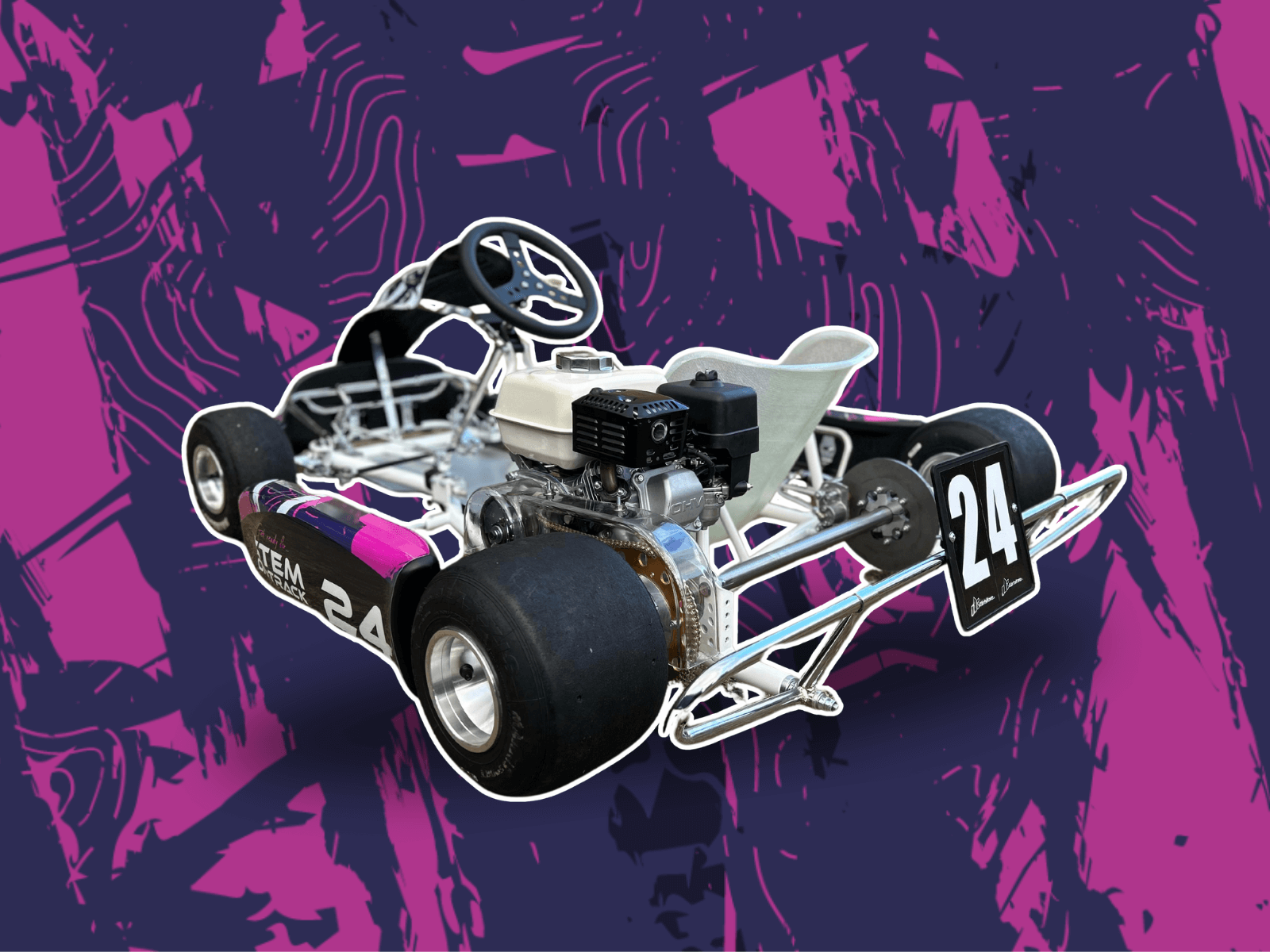 Custom designed race kart for STEM learning, showcasing engine and wheels on a vibrant background.