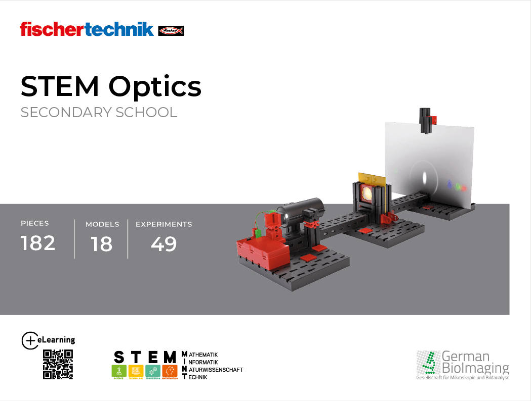 STEM Optics educational kit for secondary school, featuring 182 pieces and 49 optical experiments.