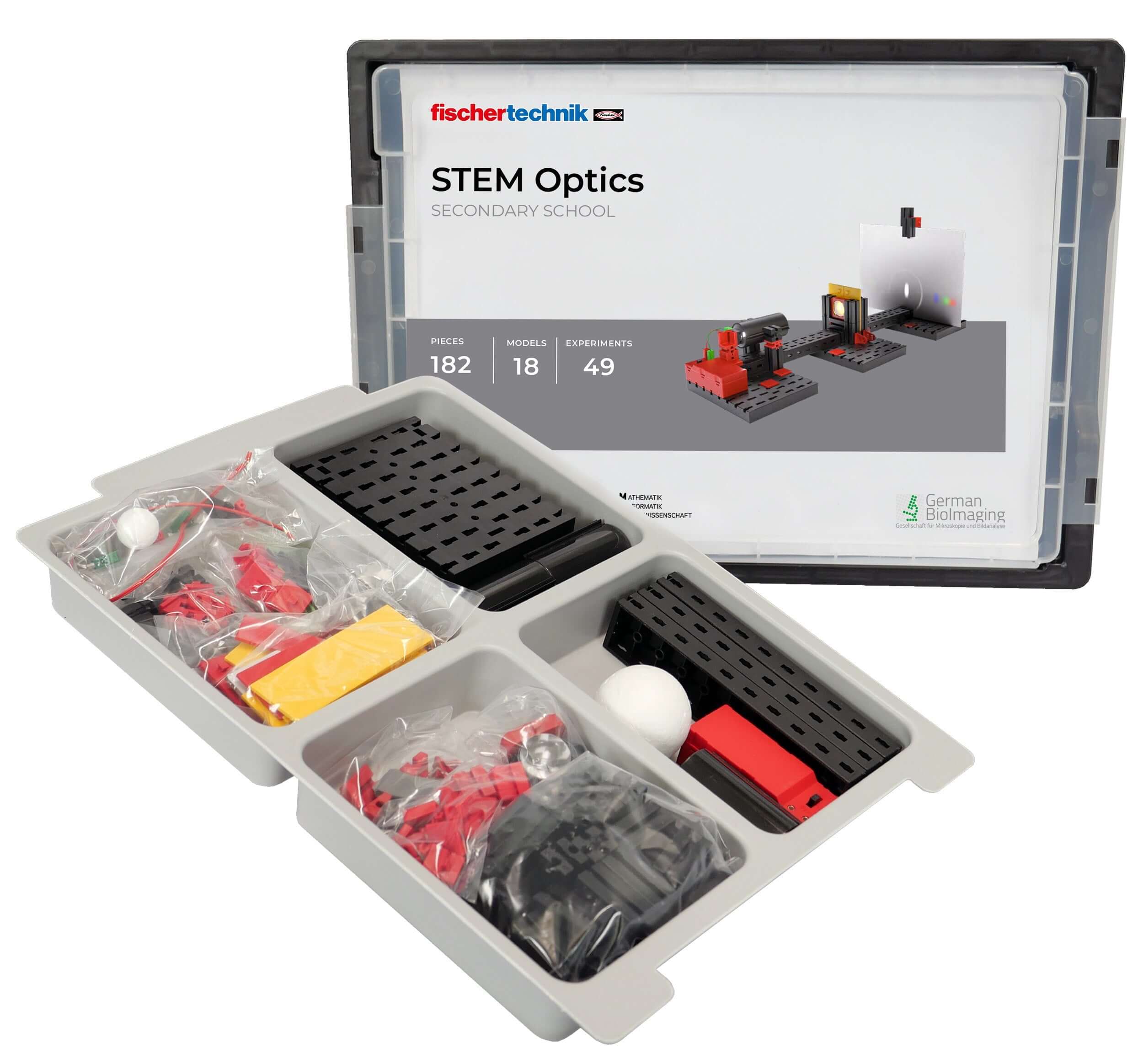 STEM Optics educational kit by fischertechnik showcasing interactive optics experiments and building components.