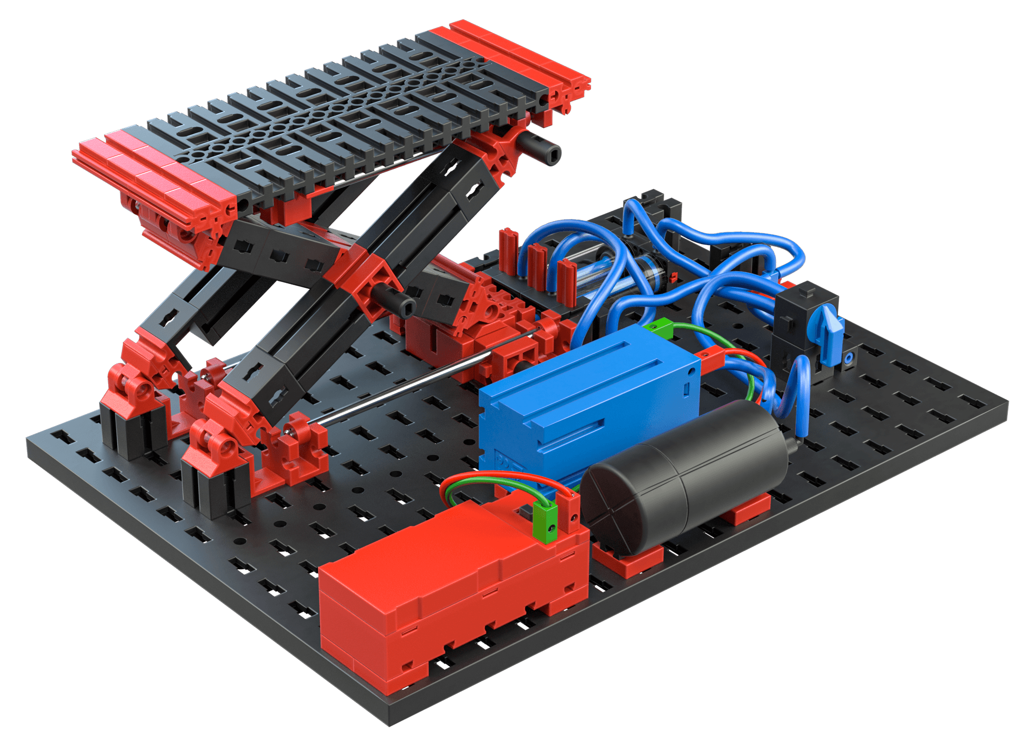 STEM Pneumatics kit in red and blue showcasing basic pneumatic components and mechanisms on a black base.
