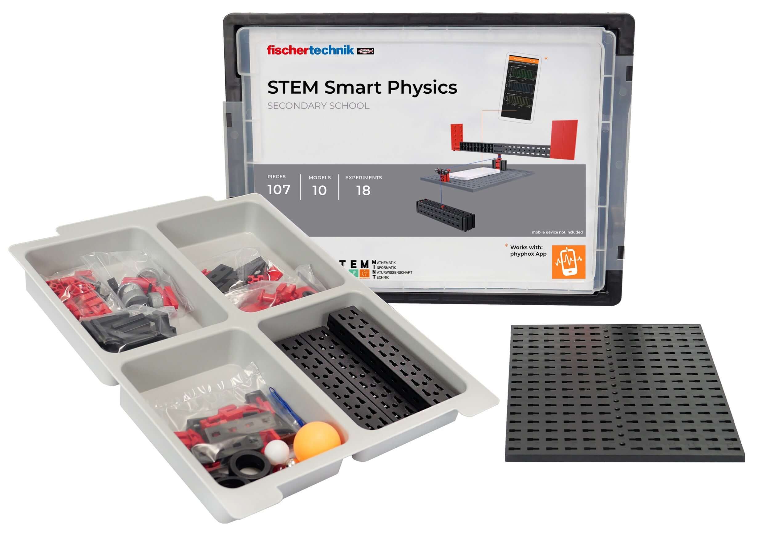 STEM Smart Physics construction kit by fischertechnik with various components and a detailed instruction box.