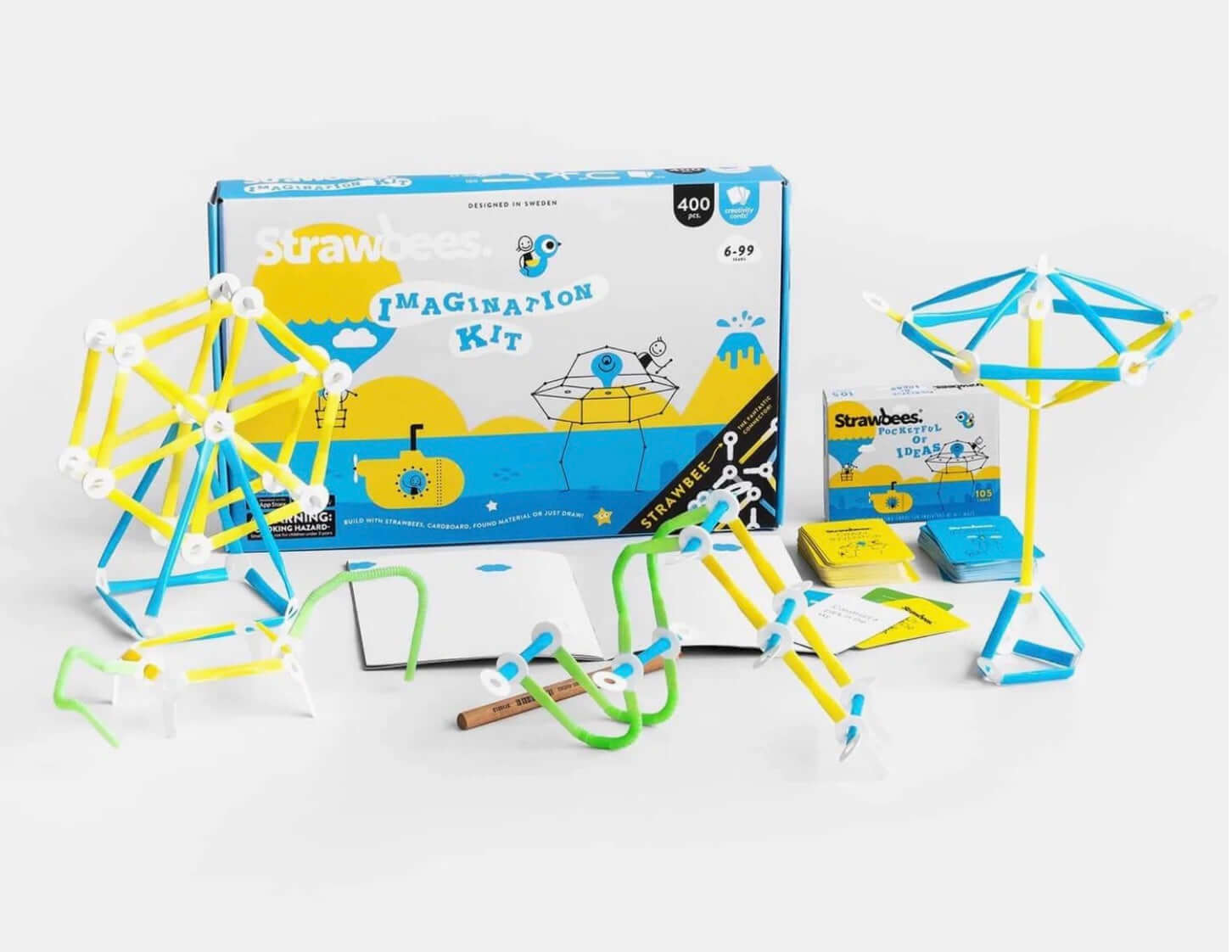Makey Makey STEM Class Pack and FREE Strawbees Imagination Kit with colorful building elements and instructions.