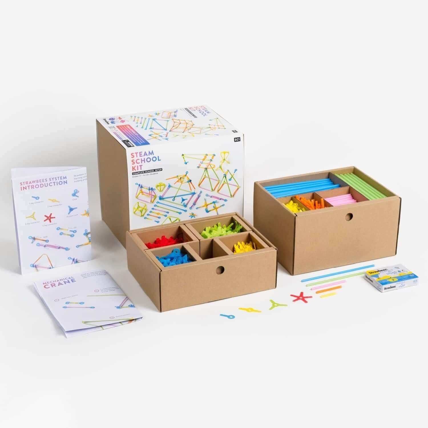 Strawbees STEAM School Kit with colorful straws, connectors, challenge cards, and introduction booklet for classroom learning.