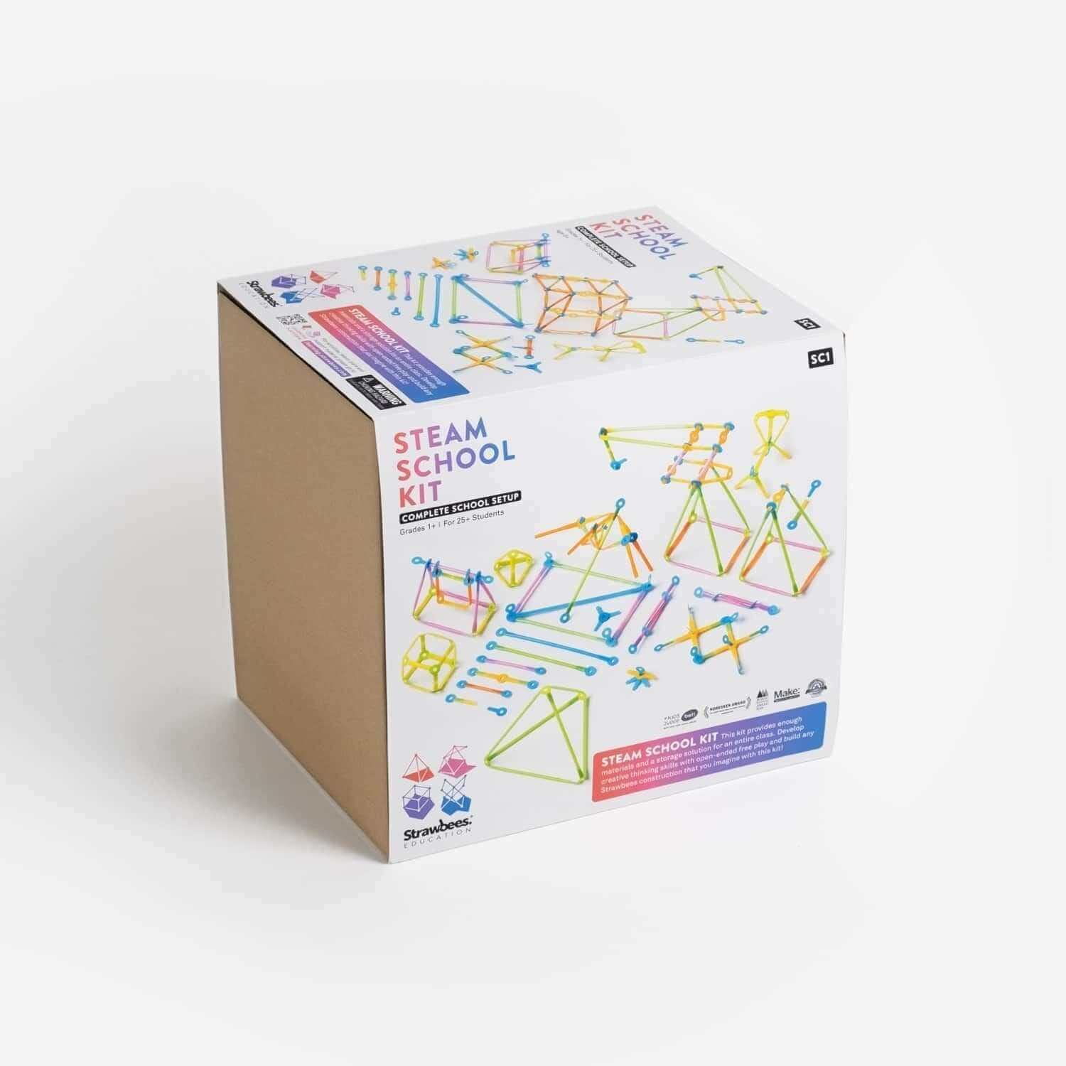 Strawbees STEAM School Kit packaging showcasing open-ended resources for classroom creativity.