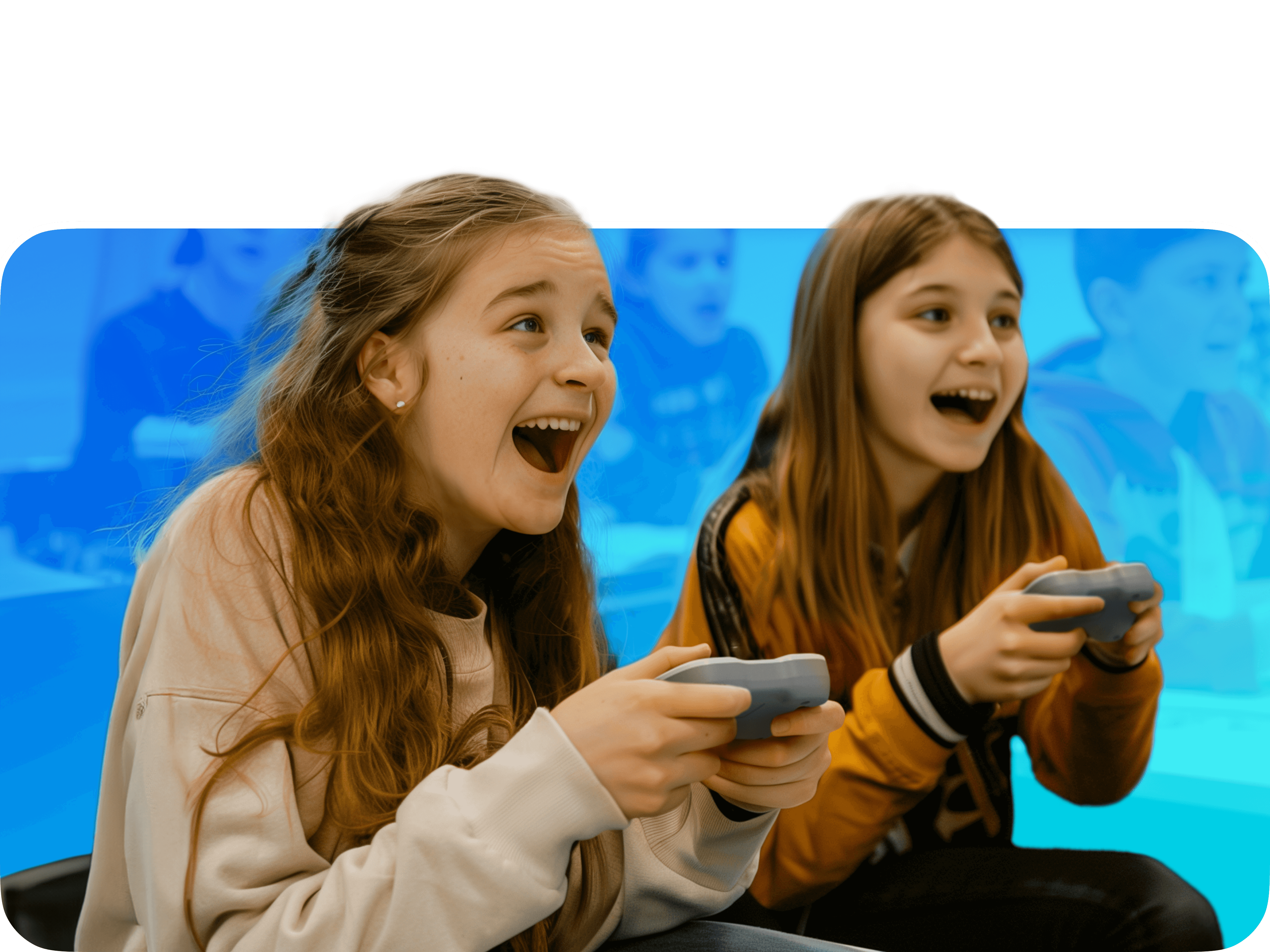 Try Before You Buy - Classwise 20: Two girls excitedly gaming in a classroom setting with a vibrant background.