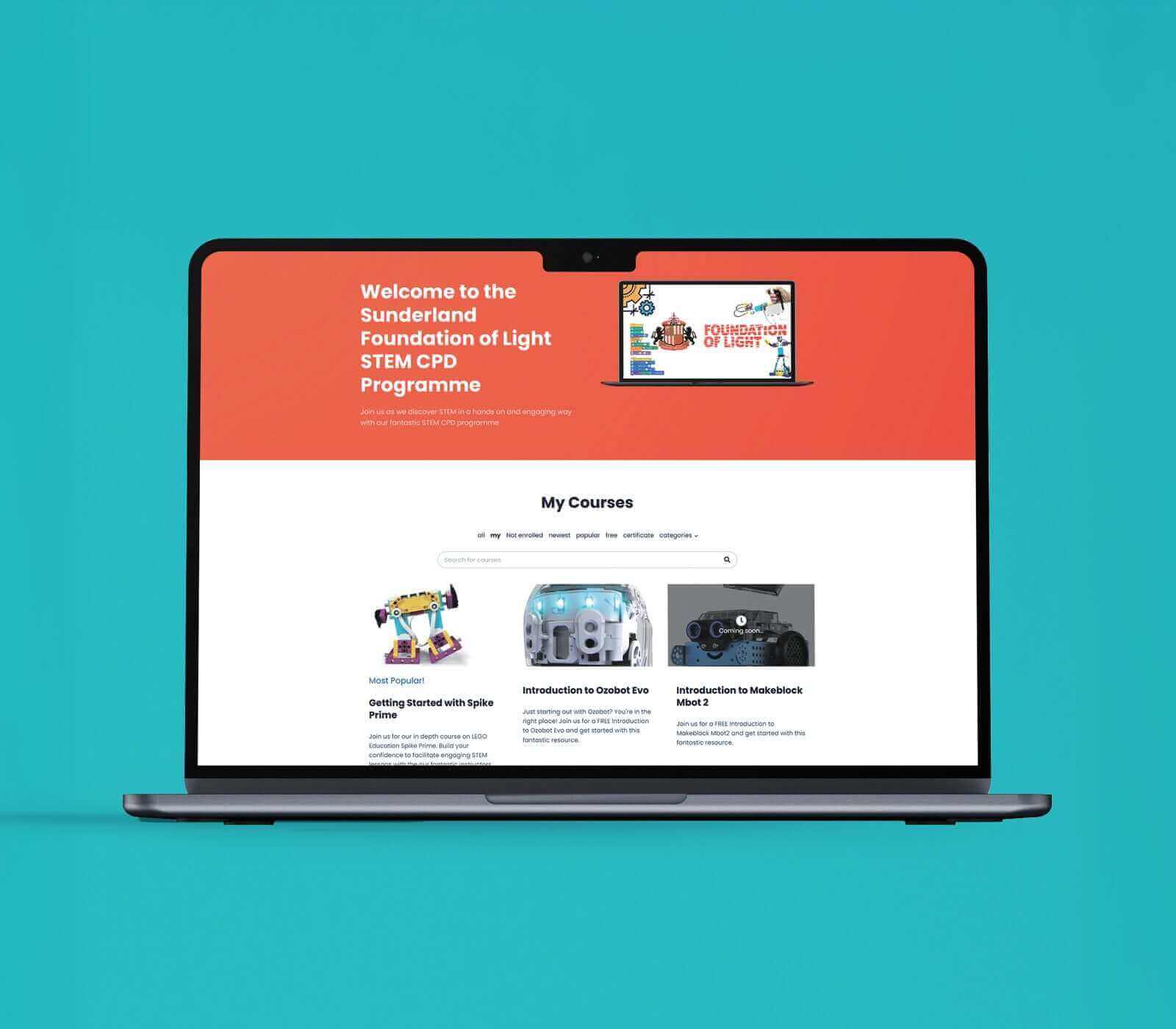 Laptop displaying the Sunderland Foundation of Light STEM CPD Programme website with course offerings.